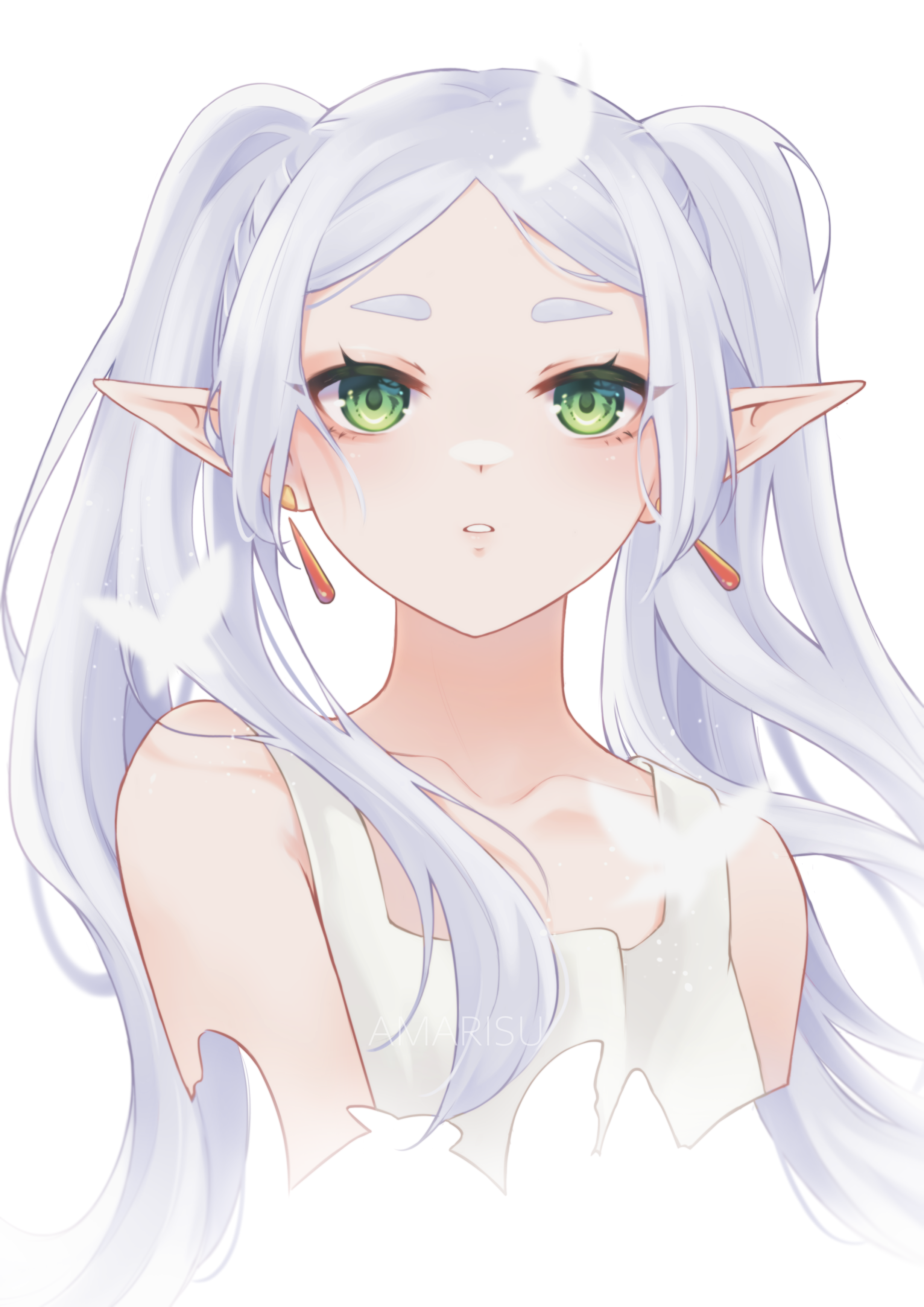 amarisuu, frieren, sousou no frieren, absurdres, commentary, english commentary, highres, 1girl, bare shoulders, bug, butterfly, cropped torso, dress, earrings, elf, expressionless, green eyes, insect, jewelry, long hair, looking at viewer, pointy ears, sleeveless, sleeveless dress, solo, teardrop earrings, twintails, upper body, white background, white dress, white hair