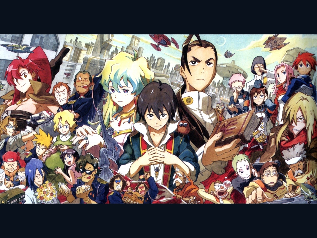 shinagawa hiroki, ailac coega, attenborough cortitch, barinbo, boota (ttgl), cybela kuto, darry adai, dayakka, gabal docker, gimmy adai, guinble, jogan, kamina (ttgl), kidd coega, kinon bachika, kittan bachika, kiyal bachika, kiyoh bachika, leeron littner, leite jokin, makken, nia teppelin, old coco, rossiu adai, simon (ttgl), tetsukan, viral (ttgl), yoko littner, zoushi kanai, tengen toppa gurren lagann, official art, official wallpaper, 00s, 6+boys, 6+girls, aged up, black hair, everyone, multiple boys, multiple girls, oversized limbs, red hair