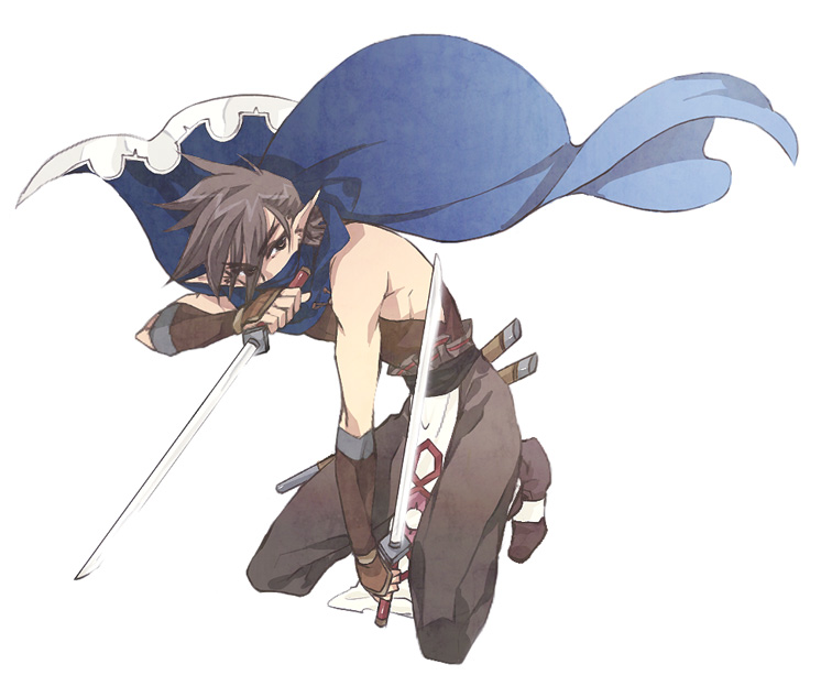 kanan yt, oboro (utawarerumono), utawarerumono, 1boy, brown eyes, brown hair, cape, dual wielding, full body, holding, male focus, mask, pointy ears, solo, sword, weapon, white background