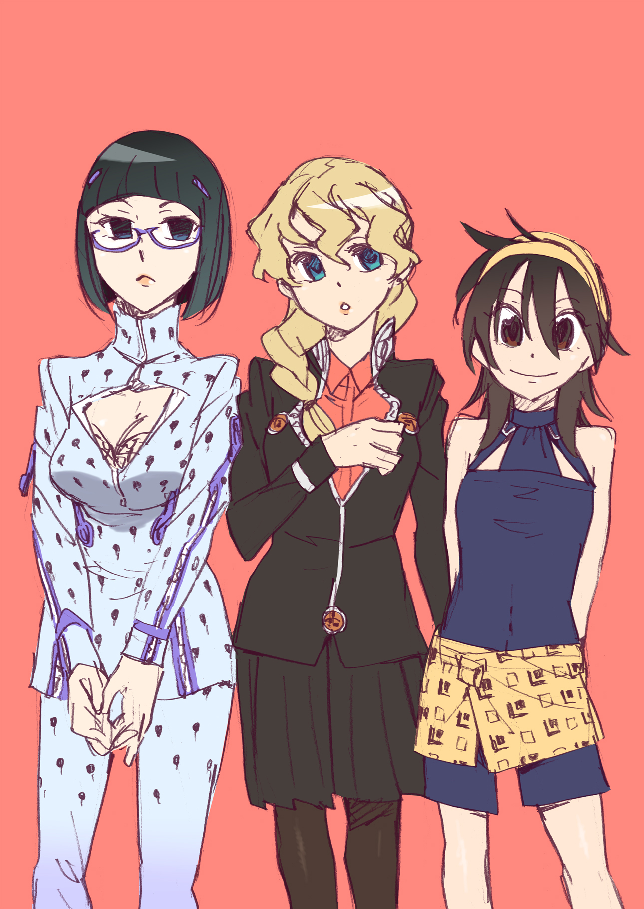 katou haruaki, bruno bucciarati, giorno giovanna, narancia ghirga, jojo no kimyou na bouken, vento aureo, bad id, bad pixiv id, highres, 3girls, arms behind back, bare shoulders, black hair, blonde hair, blue eyes, braid, brown eyes, bug, choker, cleavage cutout, clothing cutout, genderswap, genderswap (mtf), glasses, hair ornament, hairband, hairclip, headband, insect, ladybug, multiple girls, pantyhose, short hair, skirt, smile, wavy hair, zipper