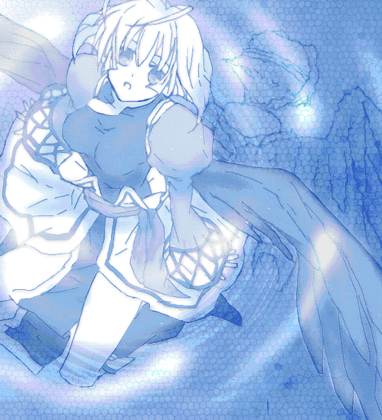 kanan yt, camyu, mutsumi (utawarerumono), utawarerumono, 1girl, antenna hair, blue theme, dual persona, female focus, monochrome, reflection, ripples, short hair, solo, water, wings