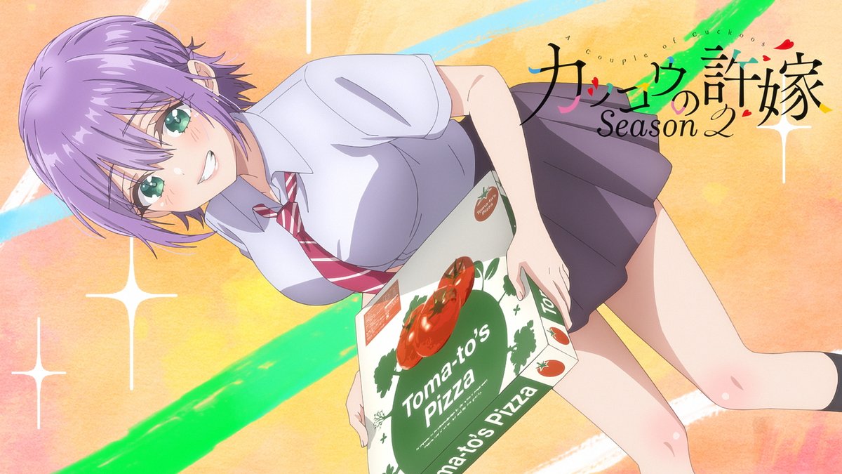 segawa hiro, kakkou no iinazuke, artist request, commentary request, official art, 1girl, anime coloring, black skirt, black socks, box, breasts, collared shirt, copyright name, diagonal-striped clothes, diagonal-striped necktie, dress, dutch angle, feet out of frame, green eyes, grin, hair between eyes, holding, holding box, large breasts, light blush, looking at viewer, miniskirt, necktie, pizza box, pleated dress, purple hair, red necktie, school uniform, shirt, short hair, short sleeves, sidelocks, skirt, smile, socks, solo, striped clothes, white shirt