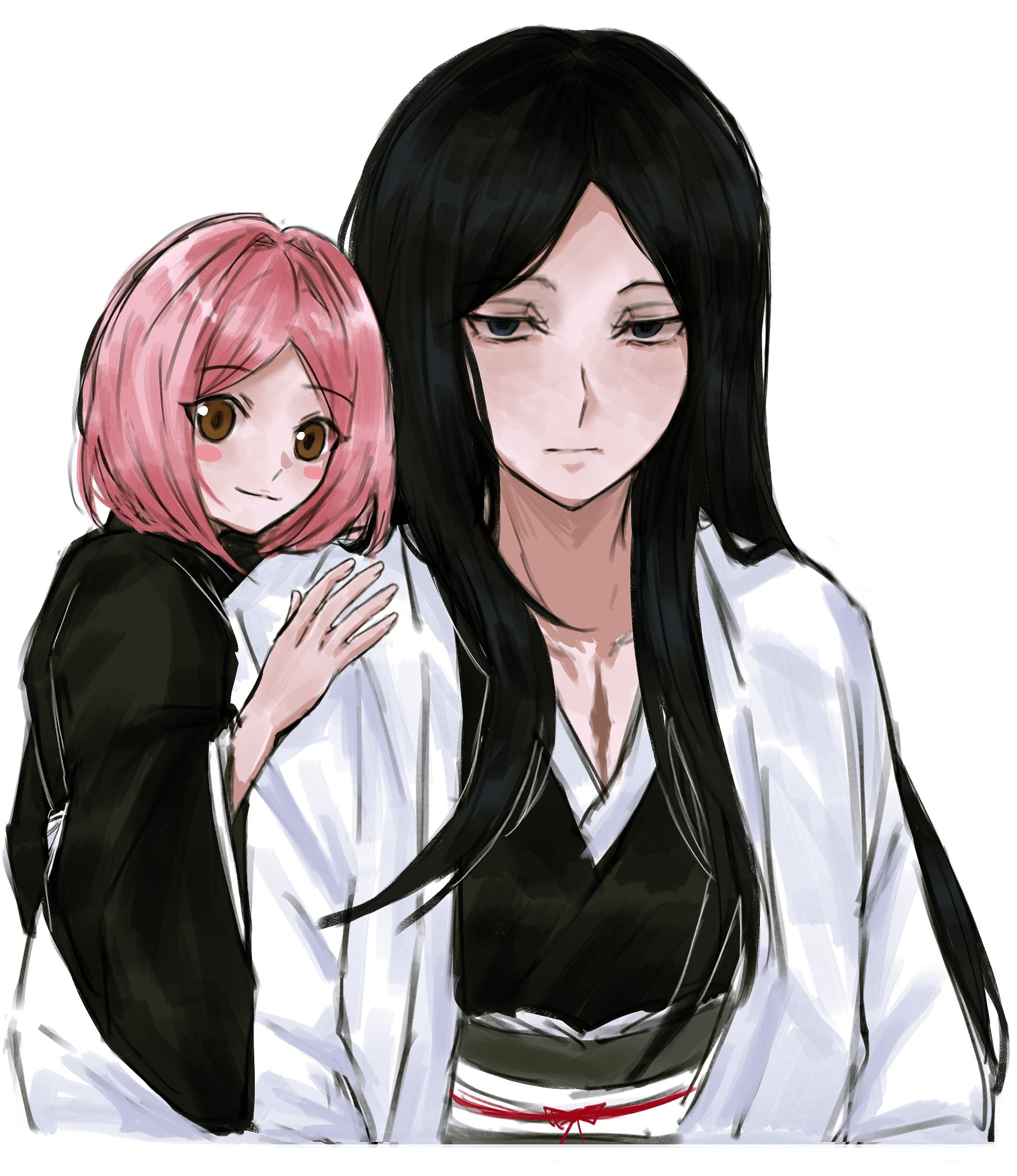 anima tion 1, kusajishi yachiru, unohana retsu, bleach, bleach: sennen kessen-hen, highres, 2girls, black hair, black kimono, blue eyes, blush stickers, brown eyes, empty eyes, expressionless, hair intakes, haori, japanese clothes, kimono, long hair, medium hair, multiple girls, pink hair, scar, scar on chest, size difference, smile, taichou haori, white haori, wide sleeves