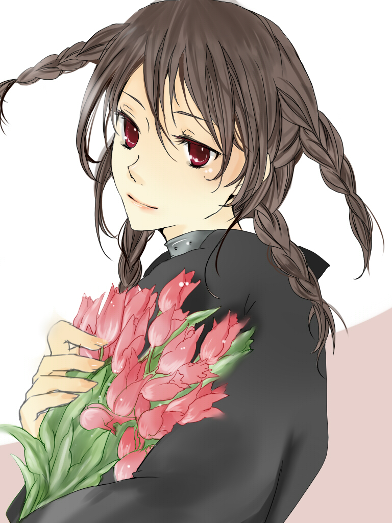 michiha, aura (ffu), final fantasy, final fantasy unlimited, 00s, 1girl, braid, brown hair, choker, cloak, female focus, flower, red eyes, simple background, solo