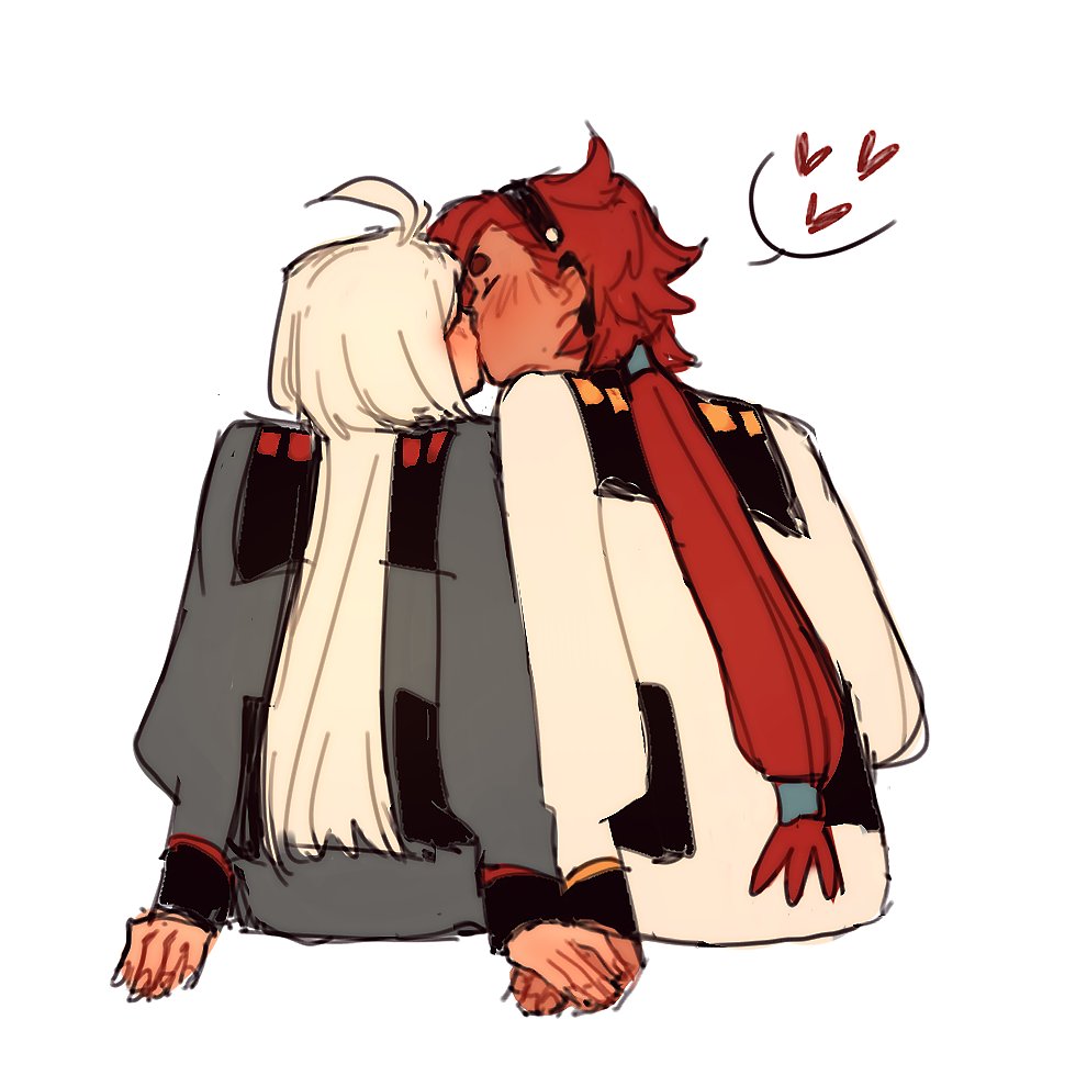 diezmil10000, miorine rembran, suletta mercury, gundam, gundam suisei no majo, commentary, 2girls, asticassia school uniform, black hairband, blush, closed eyes, from behind, green jacket, hairband, heart, holding hands, jacket, kiss, long hair, multiple girls, ponytail, red hair, school uniform, simple background, spoken heart, thick eyebrows, white background, white hair, white jacket, yuri