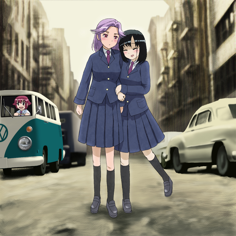 richard crazyman, bob dylan, kajiki yumi, kanbara satomi, touyoko momoko, saki (manga), volkswagen, vehicle, 3girls, arm hug, black hair, blush, closed eyes, kneehighs, motor vehicle, multiple girls, parody, purple eyes, purple hair, red hair, school uniform, short hair, skirt, socks, van, volkswagen type 2, yuri