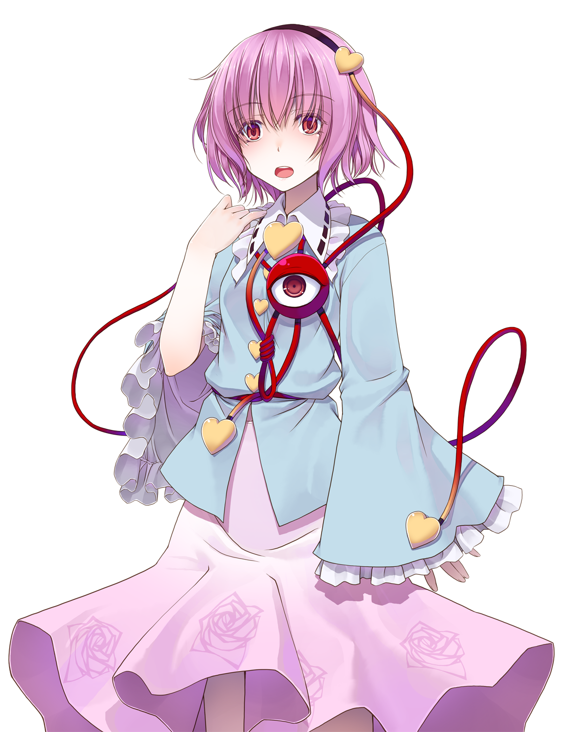 crote, komeiji satori, touhou, commentary request, highres, large variant set, variant set, 1girl, black hairband, blue shirt, buttons, cowboy shot, floral print, floral print skirt, frilled shirt collar, frills, front slit, hair ornament, hairband, hand up, heart, heart button, heart hair ornament, long sleeves, open mouth, pink hair, pink skirt, print skirt, purple eyes, raised eyebrows, shirt, short hair, skirt, sleeves past wrists, solo, standing, tachi-e, teeth, third eye, transparent background, upper teeth only, wide-eyed, wide sleeves