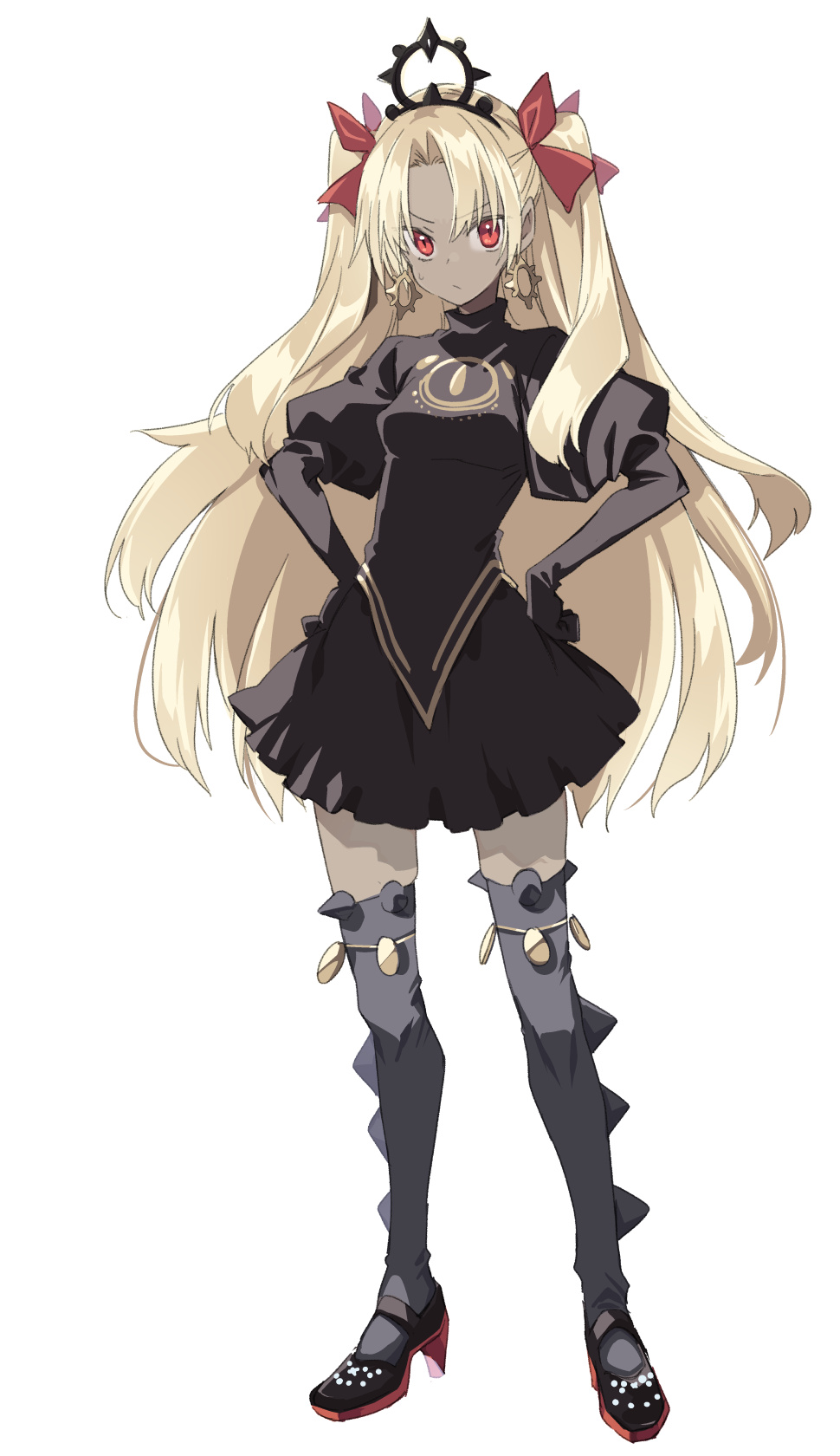 10mo, ereshkigal (fate), ereshkigal alter (fate), fate/grand order, fate (series), commentary request, highres, 1girl, black dress, black gloves, black thighhighs, blonde hair, breasts, dark-skinned female, dark skin, dress, earrings, full body, gloves, hair ribbon, high heels, hoop earrings, jewelry, long hair, long sleeves, looking at viewer, medium breasts, parted bangs, red eyes, ribbon, solo, thighhighs, tiara, two side up