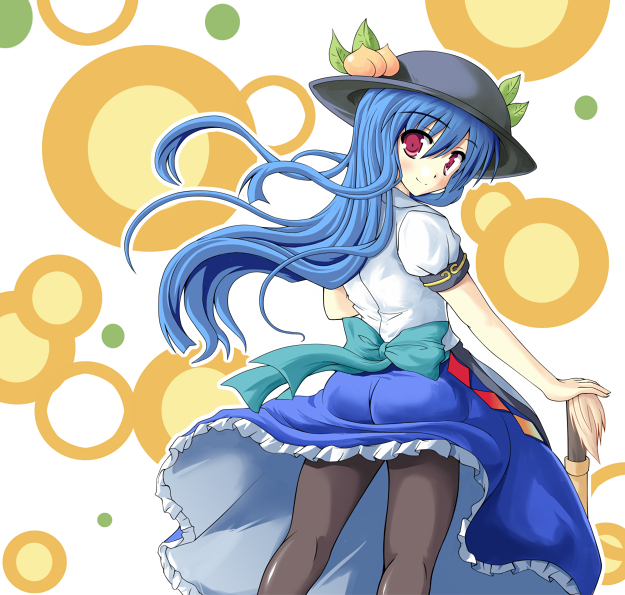 hiiragi tomoka, hinanawi tenshi, touhou, 1girl, ass, blue hair, female focus, food, fruit, hat, long hair, pantyhose, peach, red eyes, solo, standing, sword, sword of hisou, weapon, white background