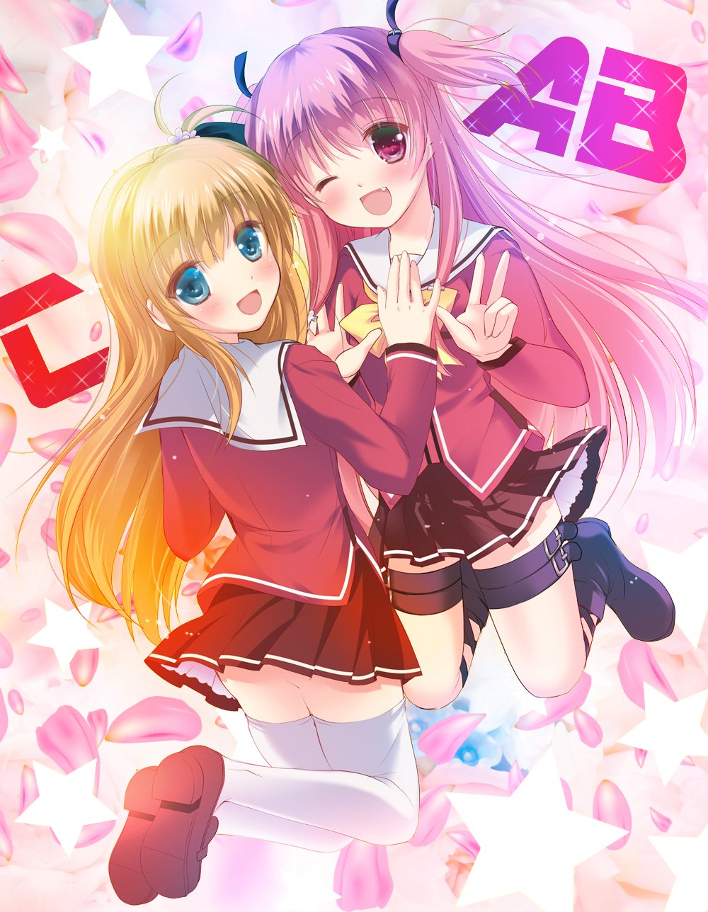 asahina yori, nishimori yusa, yui (angel beats!), angel beats!, charlotte (anime), key (company), commentary request, highres, 2girls, :d, ;d, alternate costume, ass, black boots, black ribbon, blue eyes, boots, bow, bowtie, brown shoes, brown skirt, company connection, crossover, eyes visible through hair, fang, floating hair, full body, hair between eyes, hair ribbon, hands up, happy, hoshinoumi academy school uniform, loafers, long hair, long sleeves, looking at viewer, looking back, miniskirt, multiple girls, one eye closed, one side up, open mouth, orange hair, outstretched hand, pink eyes, pink hair, pleated skirt, red shirt, ribbon, sailor collar, school uniform, serafuku, shirt, shoe soles, shoes, skirt, smile, sparkle, star (symbol), straight hair, thigh strap, thighhighs, thighs, two side up, v, very long hair, white ribbon, white sailor collar, yellow bow, yellow bowtie, zettai ryouiki