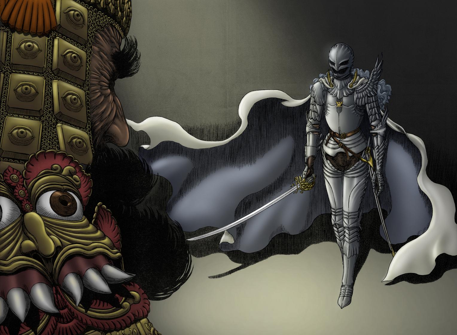 emperor ganishka, griffith (berserk), berserk, 1990s (style), 2boys, armor, beard, cape, chainmail, confrontation, facial hair, full armor, helmet, multiple boys, rapier, sword, weapon