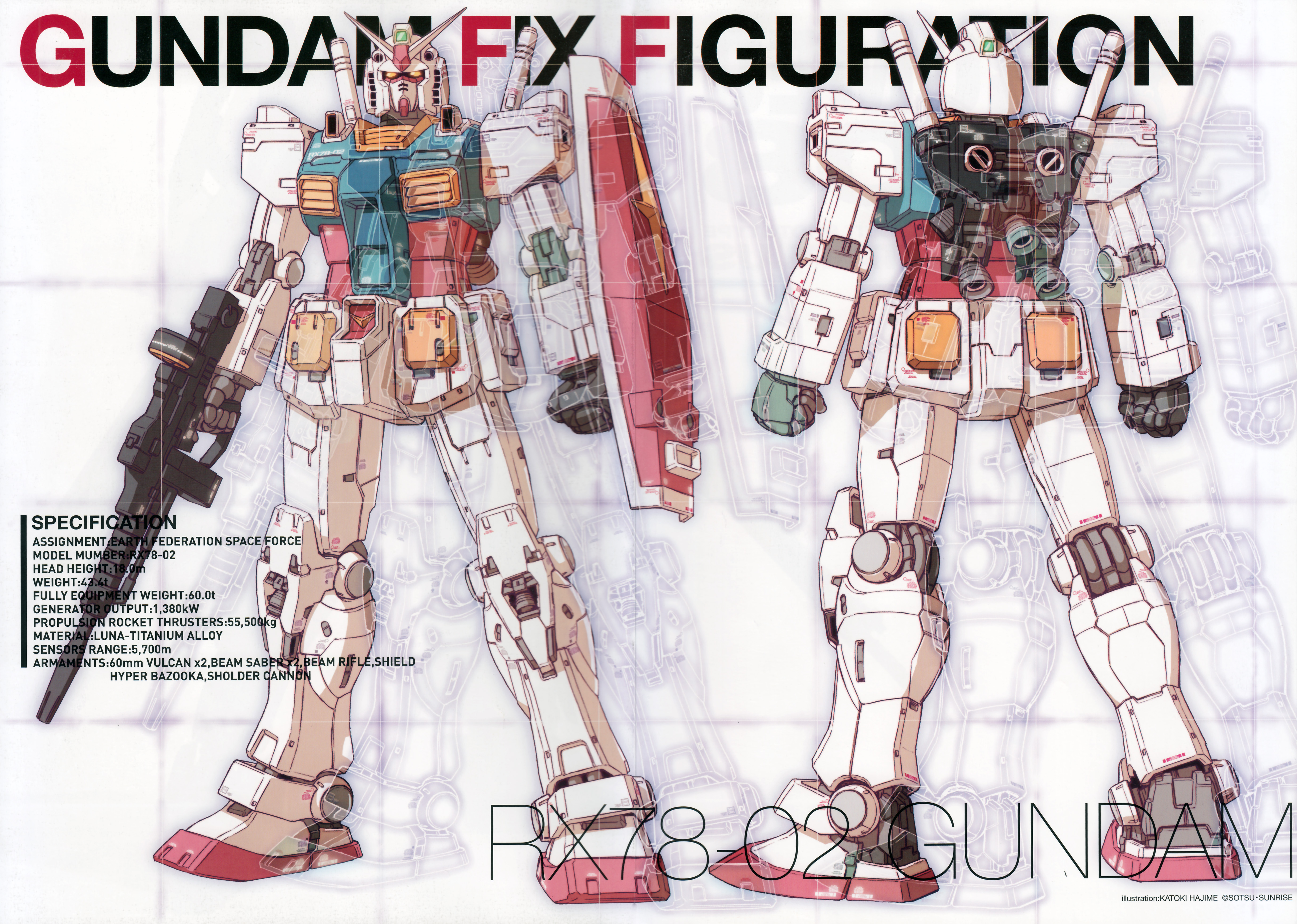 katoki hajime, rx-78-2 gundam, gundam, mobile suit gundam, absurdres, highres, official art, promotional art, scan, traditional media, back, beam rifle, character name, earth federation, energy gun, english text, lineart, mecha, mecha focus, mobile suit, multiple views, no humans, robot, roundel, science fiction, shield, stats, thrusters, v-fin, weapon, yellow eyes