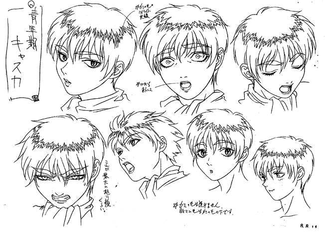 casca (berserk), berserk, 1990s (style), 1girl, angry, greyscale, monochrome, multiple expressions, production art, reference sheet, sad, short hair, shouting, surprised