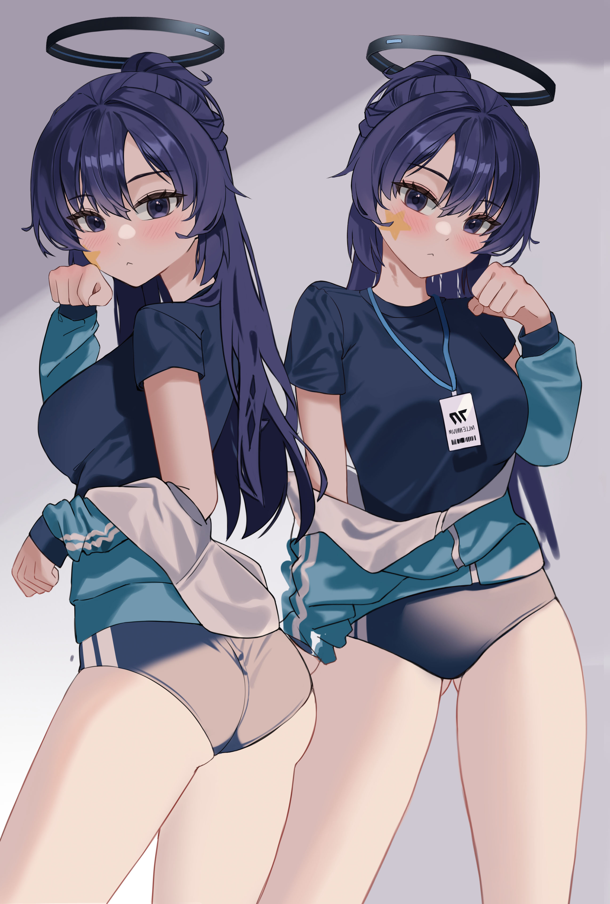 yuuka (blue archive), yuuka (track) (blue archive), blue archive, absurdres, commentary request, highres, 1girl, ass, black buruma, black shirt, blue jacket, blush, breasts, buruma, double vertical stripe, gluteal fold, grey background, gym shirt, gym uniform, hair between eyes, jacket, lanyard, long hair, looking at viewer, medium breasts, multiple persona, official alternate costume, ponytail, purple eyes, purple hair, shirt, short sleeves, sidelocks, standing, star (symbol), star sticker, sticker, sticker on face, thighs, user gtmv8255