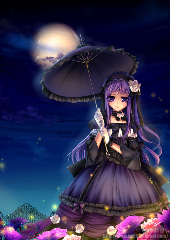 grandia koori, original, bad id, bad pixiv id, 1girl, bug, dress, female focus, fireflies, firefly, flower, frills, full moon, gate, gloves, hat, insect, lipstick, long hair, makeup, moon, moonlight, night, parasol, purple eyes, purple hair, rose, sky, smile, solo, standing, umbrella, watermark