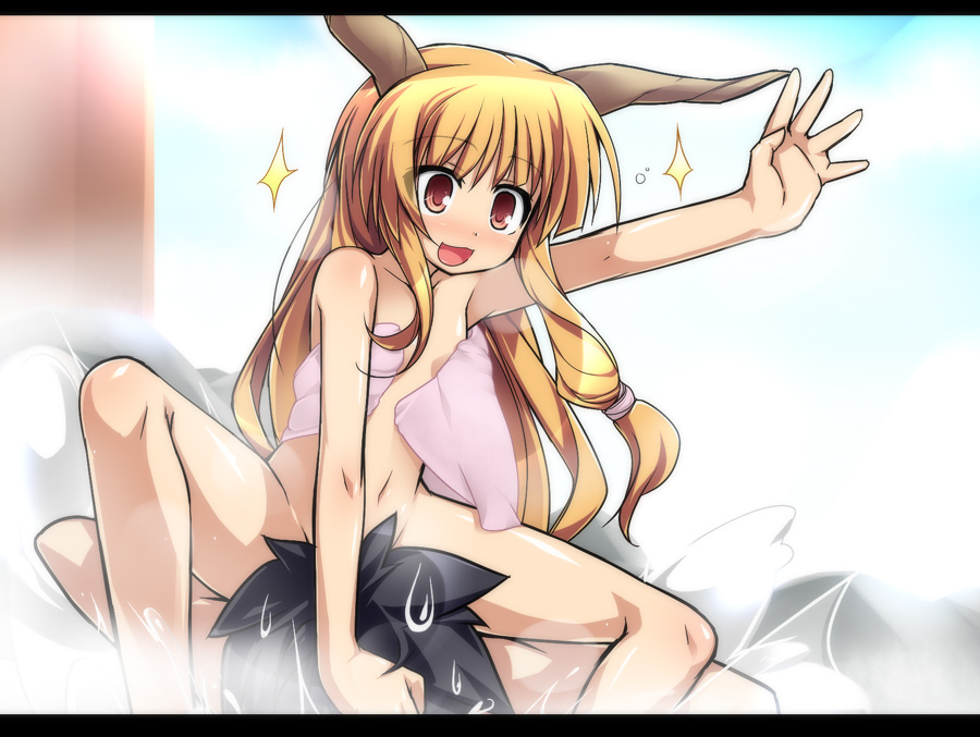 katami shinta, ibuki suika, touhou, 1girl, blonde hair, convenient censoring, female focus, girl on top, groin, horns, letterboxed, loli, long hair, naked towel, navel, nude, reaching, red eyes, ribbon, sitting, sitting on person, solo focus, spread legs, steam, towel, towel slip, wardrobe malfunction