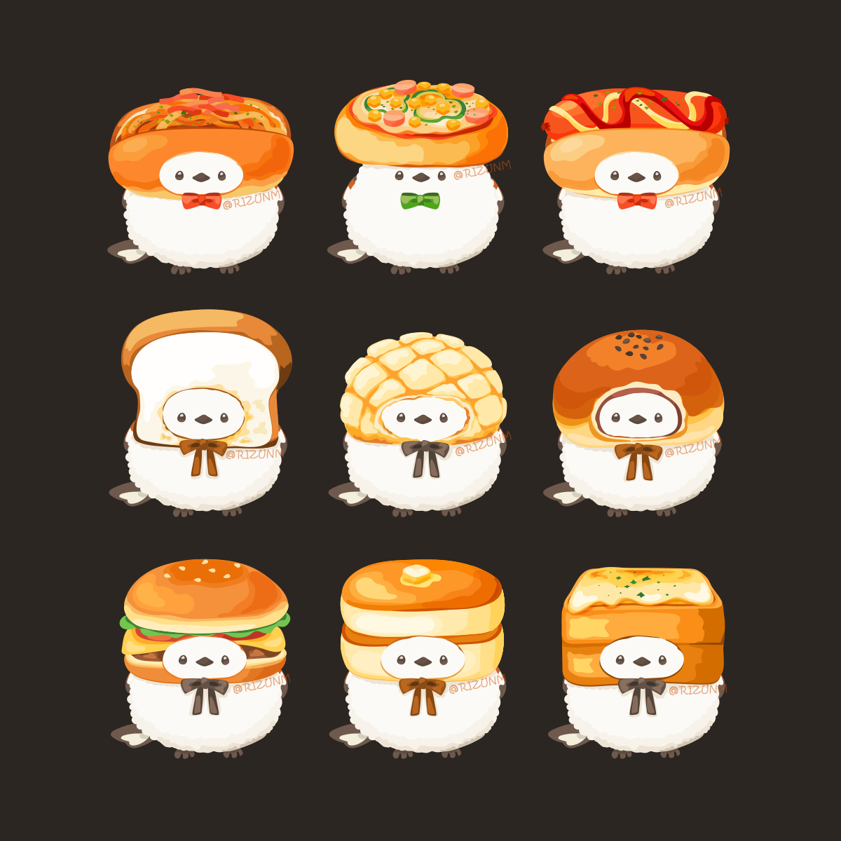 rizu (rizunm), original, commentary request, highres, animal, animal focus, bird, black background, black ribbon, bow, bowtie, bread, bread slice, brown ribbon, burger, food, food costume, green bow, green bowtie, hot dog, melon bread, no humans, pancake, pizza, red bow, red bowtie, ribbon, simple background, souffle pancake, toast, yakisobapan