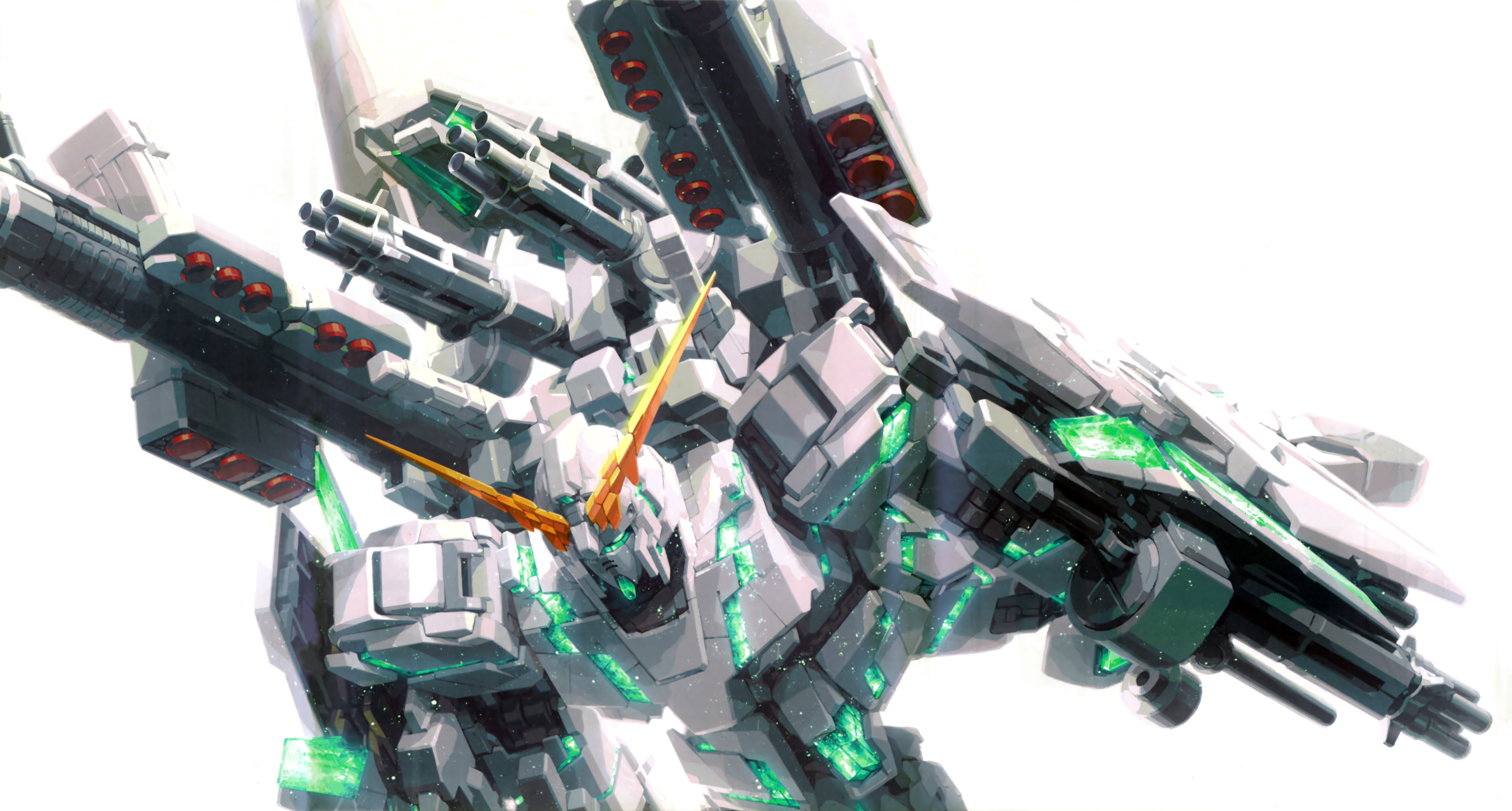 katoki hajime, full armor unicorn gundam, unicorn gundam, gundam, gundam unicorn, absurdres, highres, official art, painting (medium), promotional art, scan, traditional media, alternate form, beam cannon, beam rifle, energy gun, gatling gun, glowing, mecha, mecha focus, missile, missile pod, mobile suit, no humans, realistic, robot, science fiction, shield, v-fin, weapon, white background