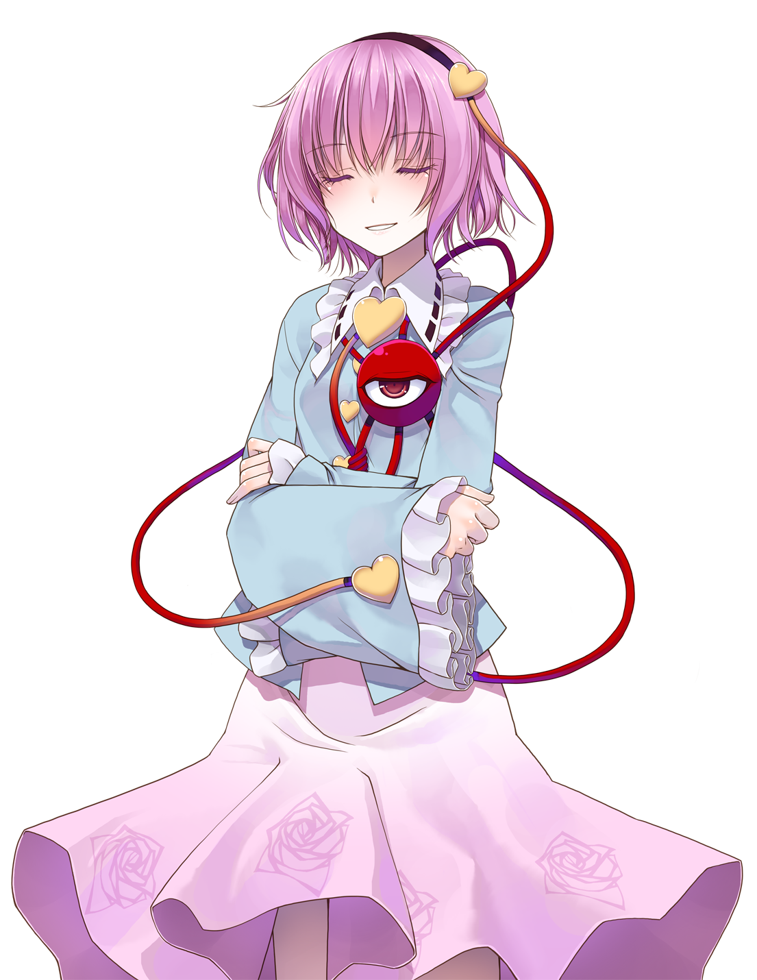 crote, komeiji satori, touhou, commentary request, highres, large variant set, variant set, 1girl, black hairband, blue shirt, buttons, closed eyes, cowboy shot, crossed arms, floral print, floral print skirt, frilled shirt collar, frills, front slit, hair ornament, hairband, heart, heart button, heart hair ornament, long sleeves, parted lips, pink hair, pink skirt, print skirt, shirt, short hair, skirt, sleeves past wrists, smile, solo, standing, tachi-e, third eye, transparent background, u u, wide sleeves