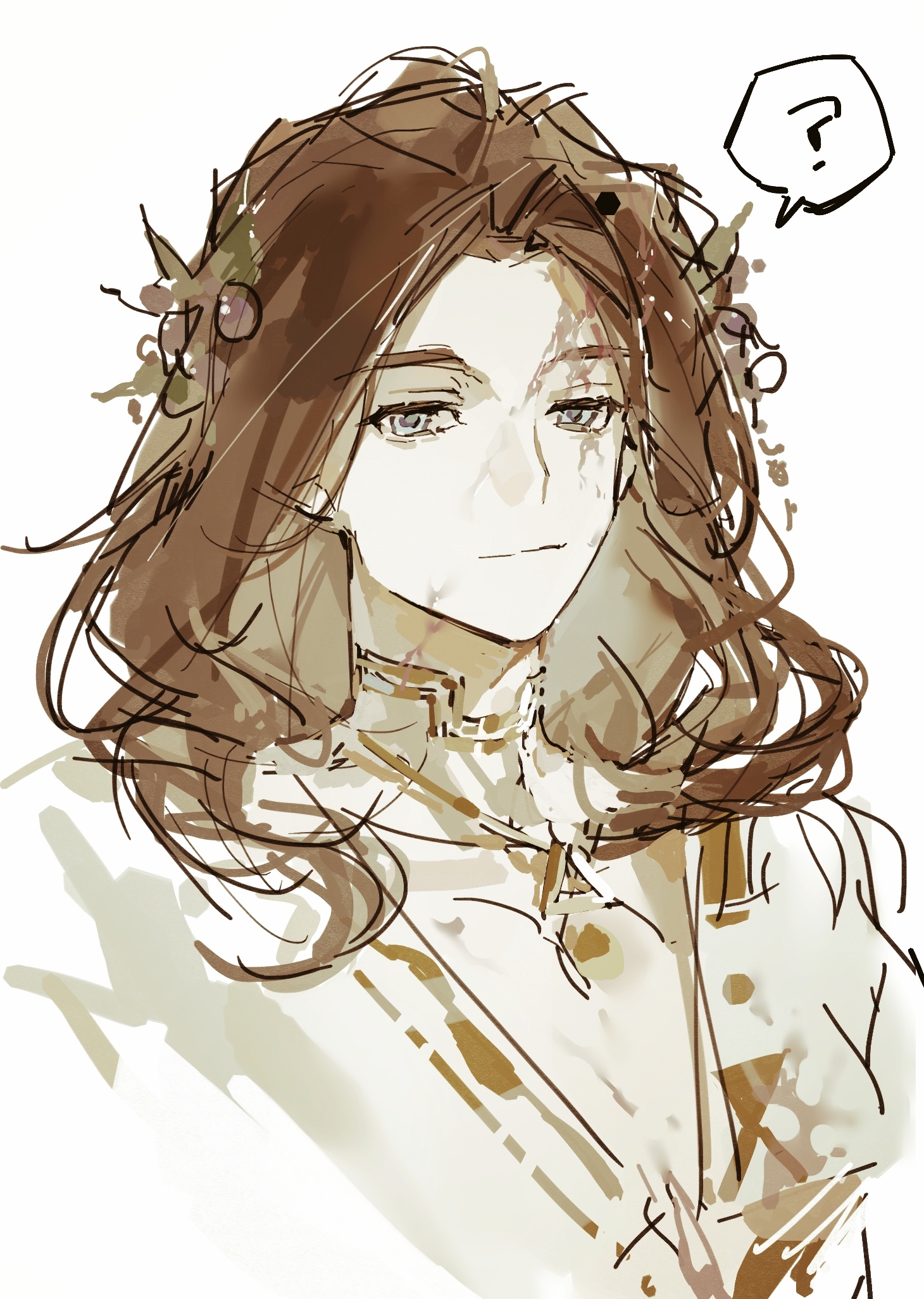 ateveryone, 210 (reverse:1999), reverse:1999, chinese commentary, commentary request, highres, ?, ancient greek clothes, blue eyes, brown hair, choker, collarbone, cropped shoulders, curtained hair, food-themed hair ornament, grape hair ornament, greco-roman clothes, hair ornament, jewelry, light smile, long hair, looking at viewer, necklace, parted bangs, robe, simple background, spoken question mark, stain, stained clothes, triangle necklace, white background, white robe