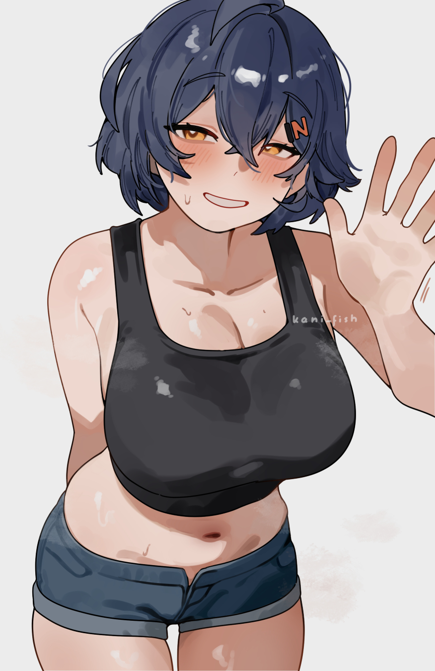 kani fish, belle (zenless zone zero), zenless zone zero, commentary, english commentary, highres, 1girl, alternate breast size (larger), black tank top, blue eyes, breasts, cleavage, denim, denim shorts, grey hair, hair ornament, large breasts, letter hair ornament, looking at viewer, midriff, navel, orange eyes, parted lips, short hair, shorts, simple background, smile, solo, sweat, tank top