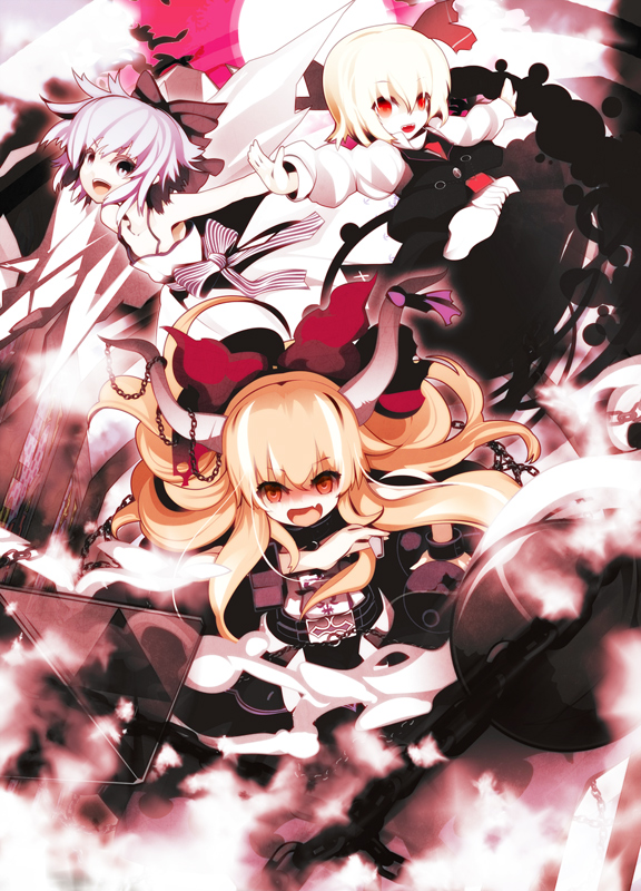 uki (room 405), cirno, ibuki suika, rumia, koumajou densetsu, koumajou densetsu 1, shoot the bullet, touhou, 3girls, blonde hair, blue hair, bow, chain, dress, fang, hair bow, hair ribbon, hairband, multiple girls, red eyes, ribbon