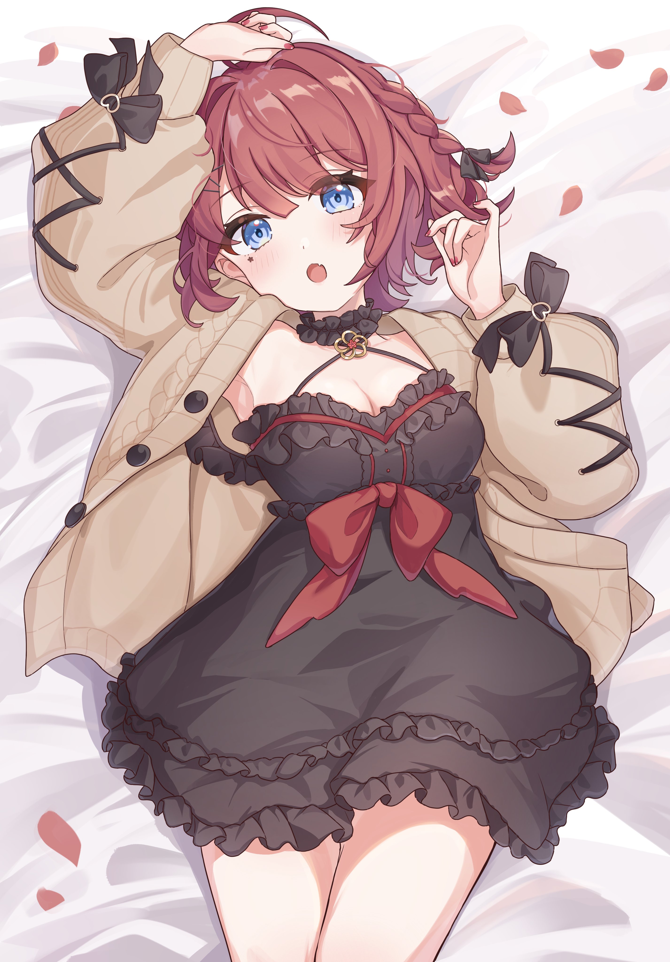 etoria, hanasaki kureha, indie virtual youtuber, absurdres, commentary request, highres, 1girl, black dress, blue eyes, braid, breasts, brown cardigan, brown hair, cardigan, choker, cleavage, dress, frilled choker, frilled dress, frills, long sleeves, looking at viewer, lying, medium breasts, off-shoulder dress, off shoulder, on back, on bed, open cardigan, open clothes, open mouth, petals, puffy sleeves, solo, virtual youtuber, white choker