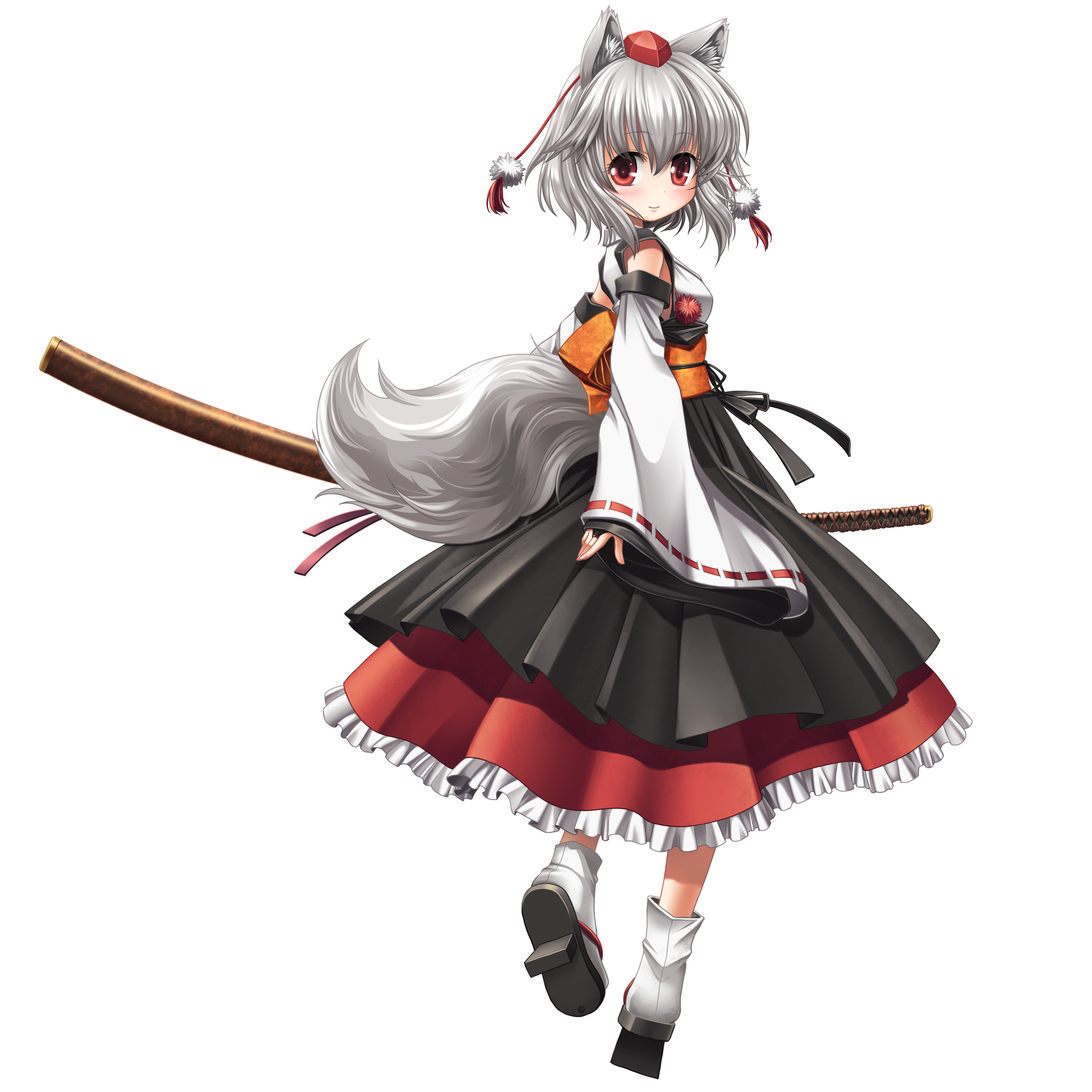 kei (pixiv), kei kei, inubashiri momiji, touhou, silver hair, bad id, duplicate, highres, 1girl, animal ears, blush, detached sleeves, female focus, from behind, full body, geta, hat, japanese clothes, looking back, red eyes, sheath, sheathed, short hair, solo, sword, tabi, tail, tengu-geta, tokin hat, transparent background, weapon, wolf ears, wolf tail