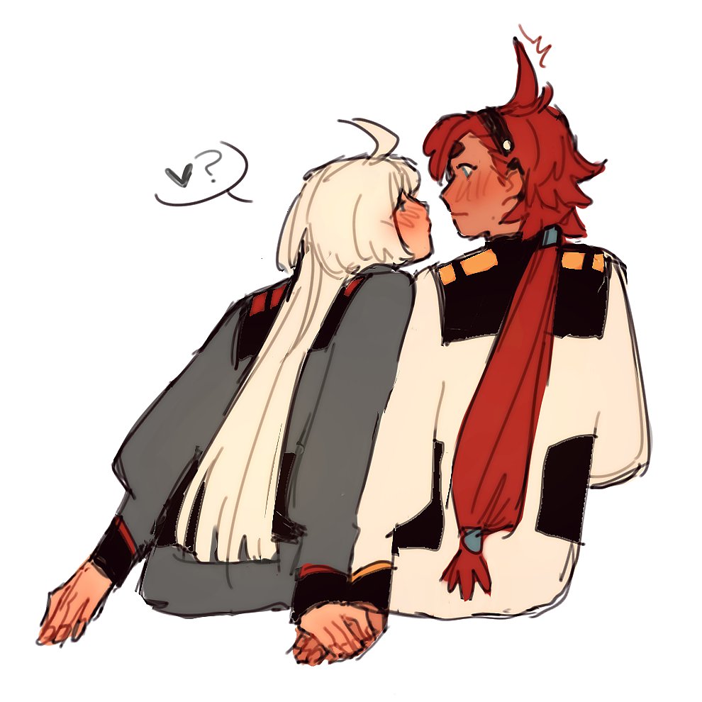 diezmil10000, miorine rembran, suletta mercury, gundam, gundam suisei no majo, commentary, 2girls, asticassia school uniform, black hairband, blue eyes, blush, eye contact, from behind, green jacket, hairband, heart, holding hands, imminent kiss, jacket, long hair, looking at another, multiple girls, ponytail, red hair, school uniform, simple background, spoken heart, thick eyebrows, white background, white hair, white jacket, yuri