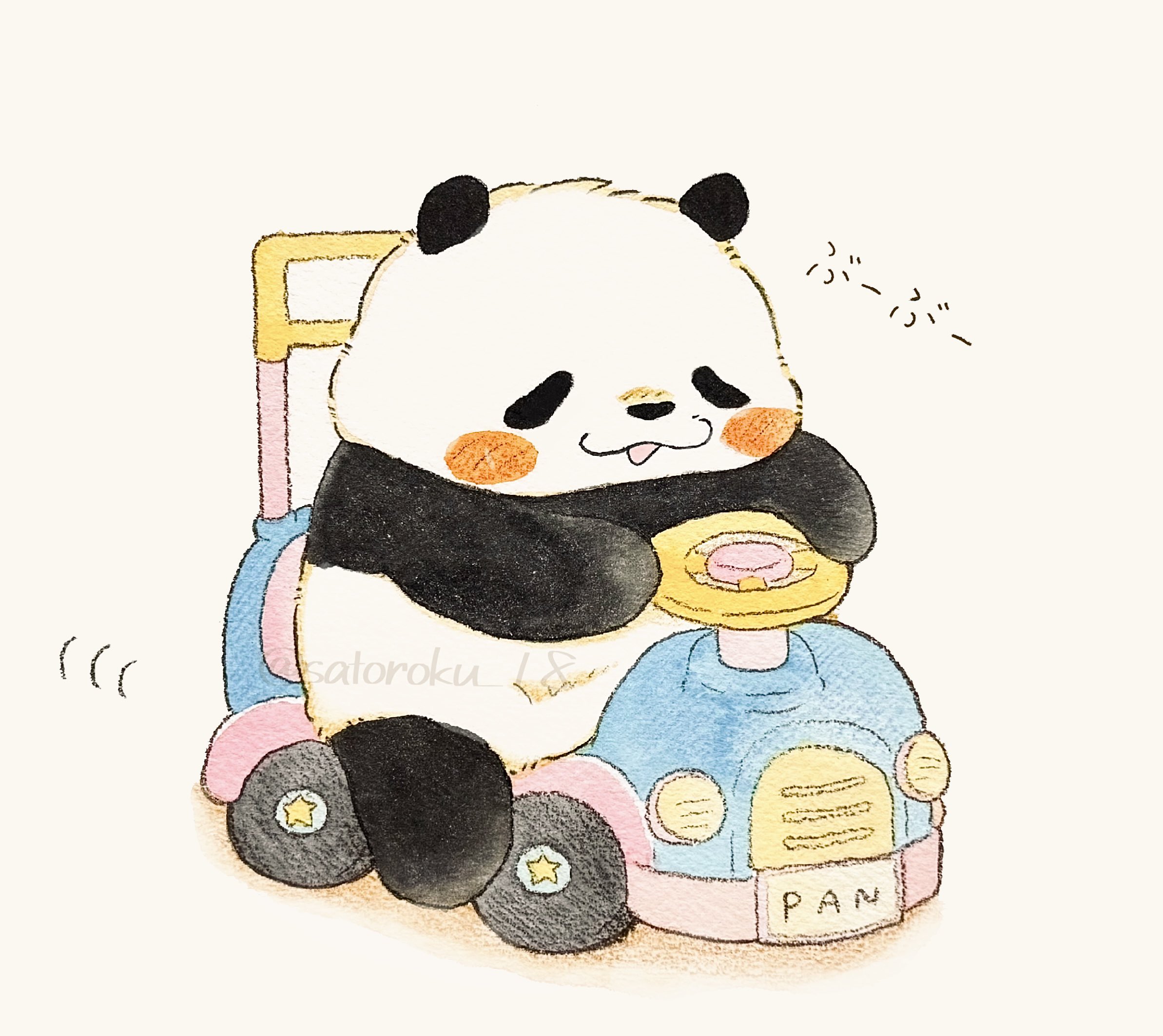 ebinomaegami, original, commentary request, highres, translation request, animal, animal focus, bear, blush stickers, no humans, open mouth, panda, simple background, toy car, white background