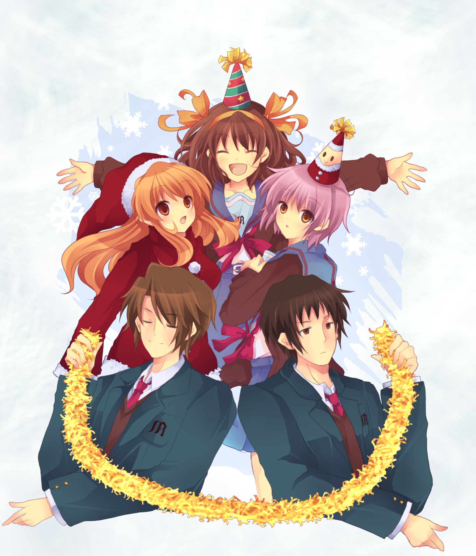 hanahubuki1991, asahina mikuru, koizumi itsuki, kyon, nagato yuki, suzumiya haruhi, suzumiya haruhi no yuuutsu, highres, 2boys, 3girls, christmas, hat, multiple boys, multiple girls, party hat, santa costume, school uniform, serafuku, short hair