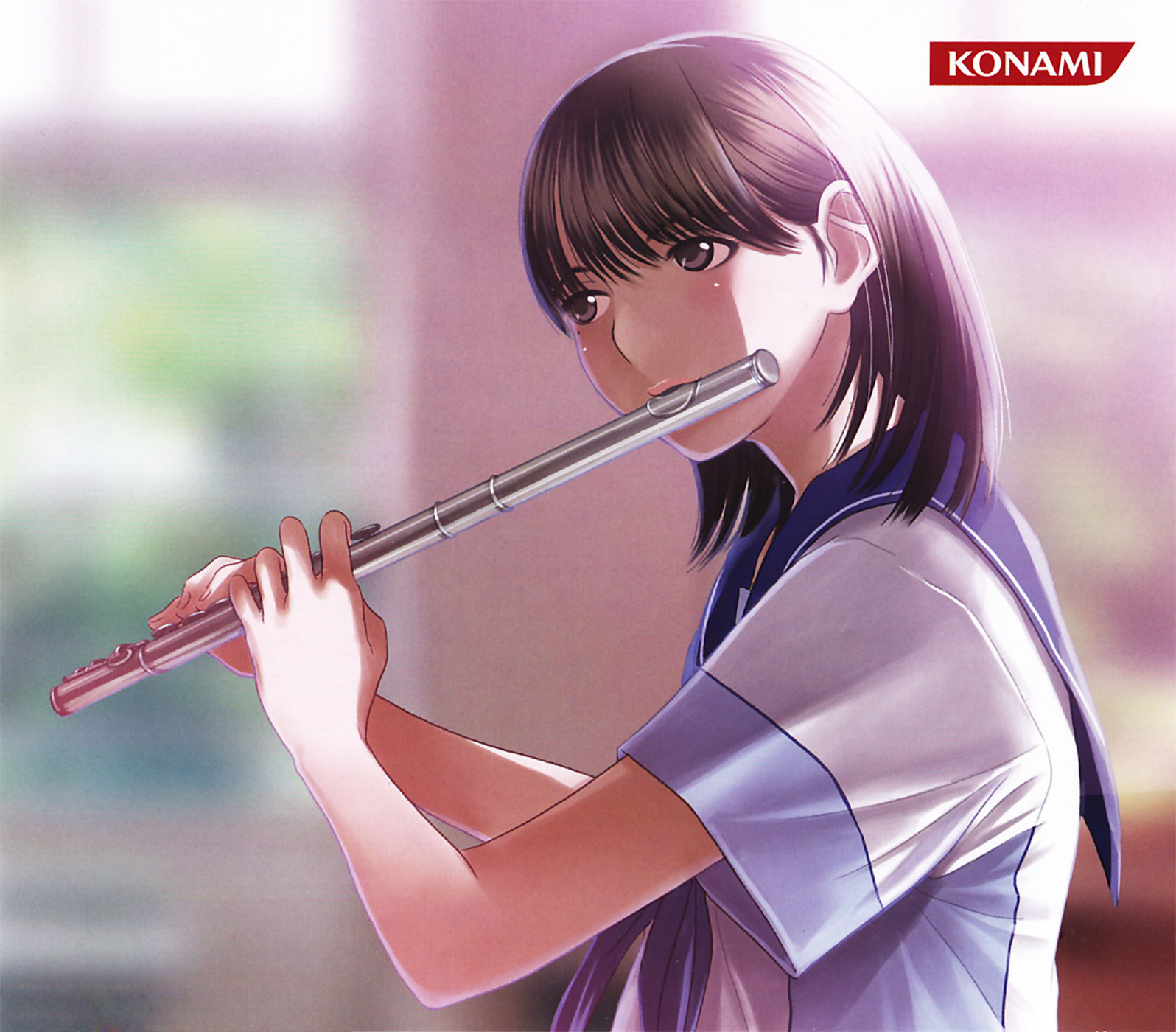 mino tarou, anegasaki nene, love plus, highres, official art, 1girl, brown eyes, brown hair, female focus, flute, instrument, mole, mole under eye, playing flute, playing instrument, school uniform, serafuku, solo