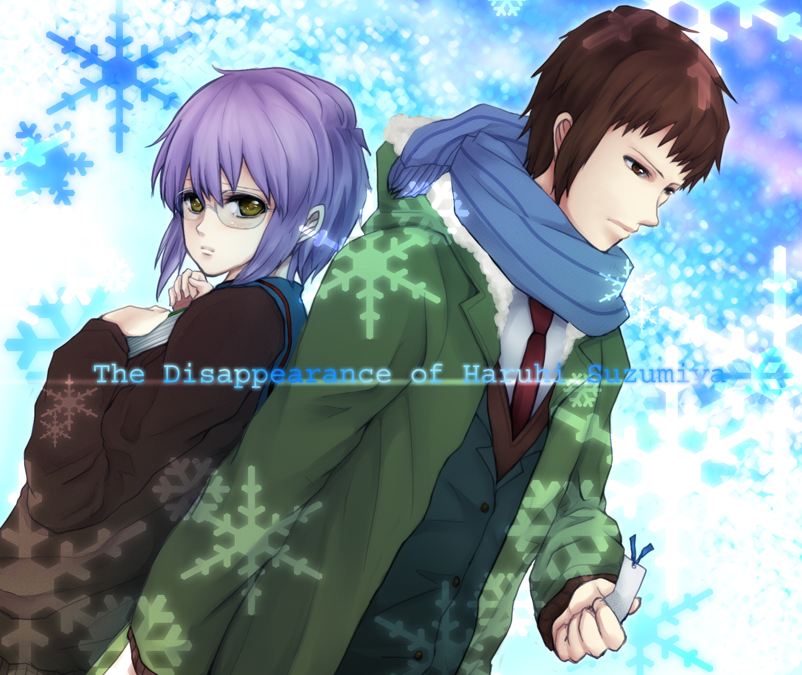 yuyu (uca-lm), kyon, nagato yuki, suzumiya haruhi no shoushitsu, suzumiya haruhi no yuuutsu, highres, 10s, back-to-back, blouse, bookmark, brown eyes, cardigan, glasses, purple hair, scarf, school uniform, serafuku, shirt, short hair, white shirt