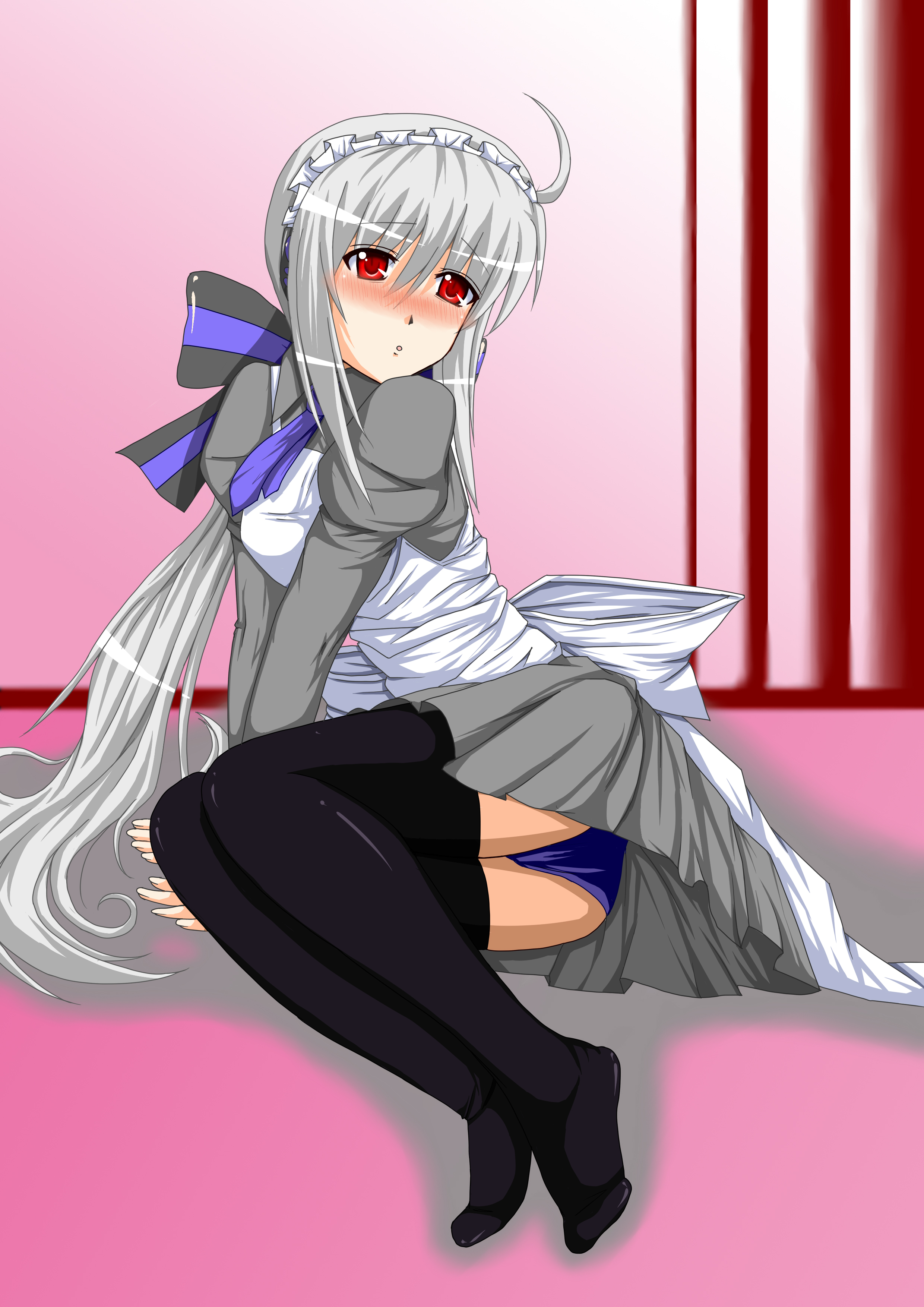 kazeshubunya, yowane haku, vocaloid, silver hair, absurdres, highres, 1girl, ahoge, alternate costume, black thighhighs, blush, enmaided, female focus, full body, legs, long hair, maid, maid headdress, panties, pantyshot, red eyes, solo, thighhighs, underwear