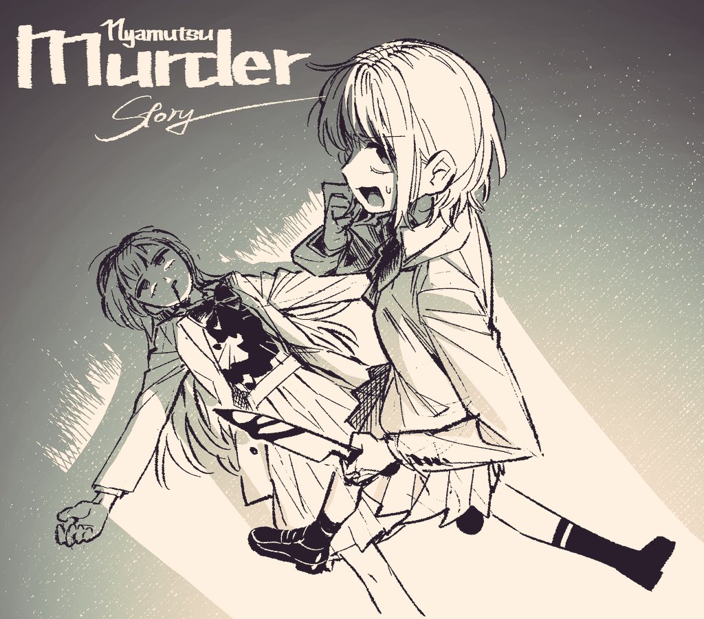 neonfloyd, wakaba mutsumi, yuutenji nyamu, bang dream!, bang dream! it's mygo!!!!!, commentary request, korean commentary, 2girls, blood, blood from mouth, blood on clothes, bloody knife, death, greyscale, holding, holding knife, jacket, knife, long hair, lying, monochrome, multiple girls, murder, on back, open mouth, pleated skirt, skirt, sweatdrop