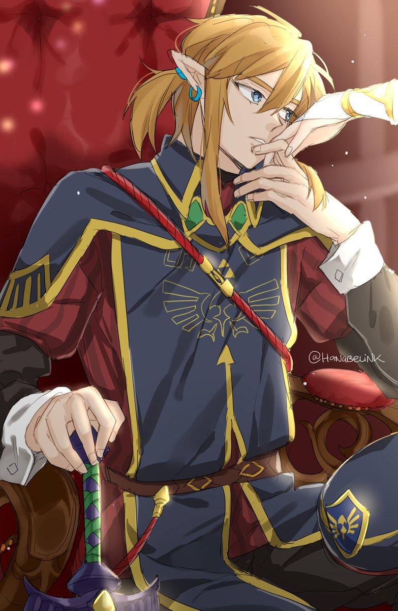 hanaberin, link, princess zelda, nintendo, the legend of zelda, the legend of zelda: breath of the wild, the legend of zelda: tears of the kingdom, commentary, english commentary, highres, 1boy, 1girl, beret, blonde hair, blue eyes, bridal gauntlets, earrings, hat, holding, holding hands, holding sword, holding weapon, jewelry, master sword, military hat, military uniform, pointy ears, ponytail, royal guard set (zelda), sidelocks, sitting, sword, twitter username, upper body, weapon, white bridal gauntlets