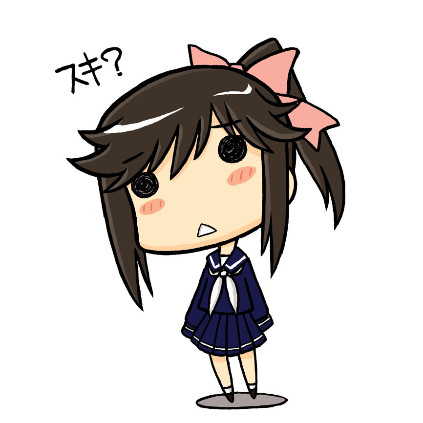 yamada ishito, takane manaka, love plus, artist request, 1girl, blush, brown hair, chibi, female focus, hair ribbon, long hair, ponytail, ribbon, school uniform, simple background, solo