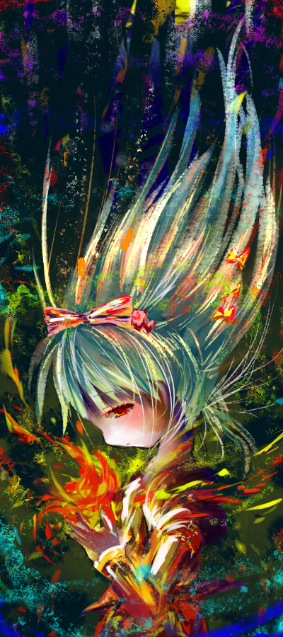 littlered, fujiwara no mokou, touhou, bad id, bad pixiv id, 1girl, female focus, fire, long hair, profile, solo, standing, wind