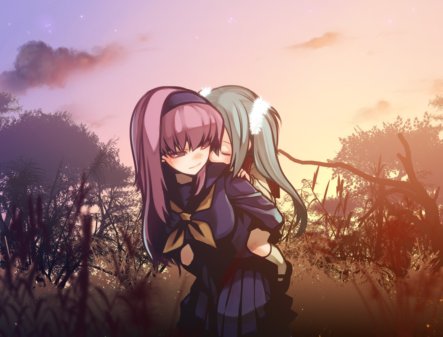 tahya, hatsune miku, megurine luka, vocaloid, bad id, bad pixiv id, 2girls, breasts, carrying, closed eyes, green hair, hairband, large breasts, long hair, multiple girls, pink eyes, pink hair, plant, pleated skirt, school uniform, skirt, sleeping, sunset, tree, twintails