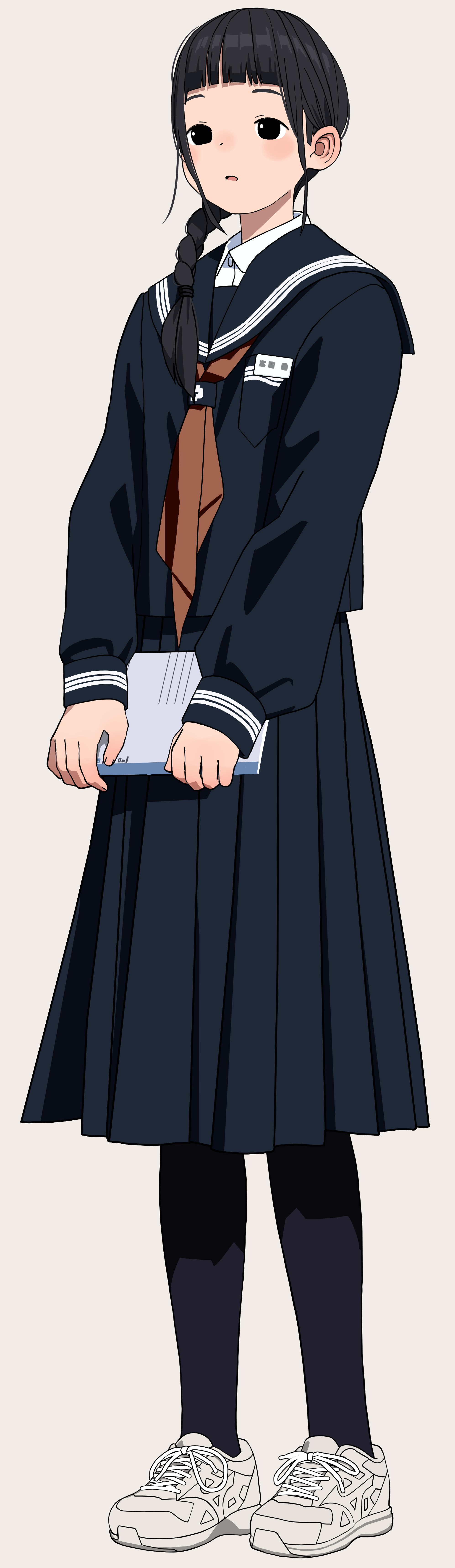 kumanoi (nichols), absurdres, commentary request, highres, 1girl, :o, black eyes, black hair, black pantyhose, black serafuku, blunt bangs, blush, book, braid, full body, holding, holding book, long hair, long sleeves, neckerchief, pantyhose, red neckerchief, sailor collar, school uniform, serafuku, shoes, sneakers, solo, standing