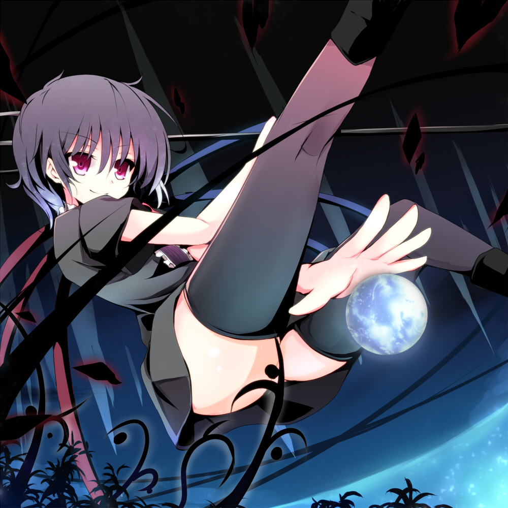madara, madara hio, houjuu nue, touhou, 1girl, black hair, black thighhighs, censored, convenient censoring, female focus, polearm, red eyes, short hair, solo, spear, thighhighs, trident, weapon, zettai ryouiki