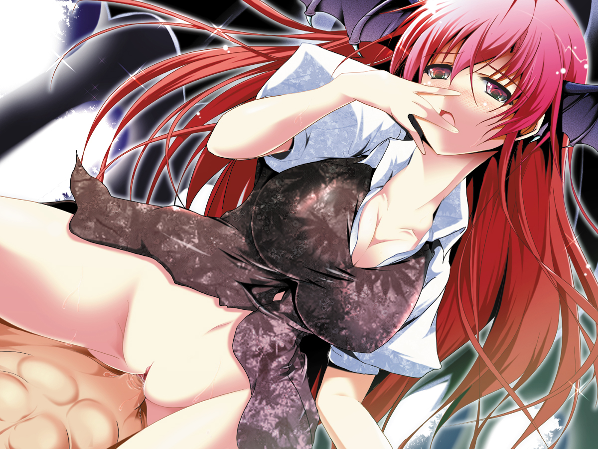 reiha (penetrate), koakuma, embodiment of scarlet devil, touhou, 1girl, bat wings, bottomless, breasts, cowgirl position, girl on top, head wings, large breasts, long hair, penis, red eyes, red hair, sex, solo focus, straddling, uncensored, vaginal, wings
