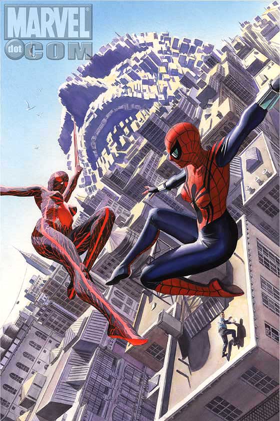 alex ross, mayday parker, spider-girl, venom (marvel), marvel, spider-man (series), comic cover, commentary, english commentary, official art, textless version, 2002, 2girls, animal print, artist name, blue bodysuit, bodysuit, cityscape, company logo, dynamic pose, english text, multicolored bodysuit, multiple girls, print bodysuit, realistic, red bodysuit, spider print, spider web print, superhero costume, symbiote, title, two-tone bodysuit, watermark, web address