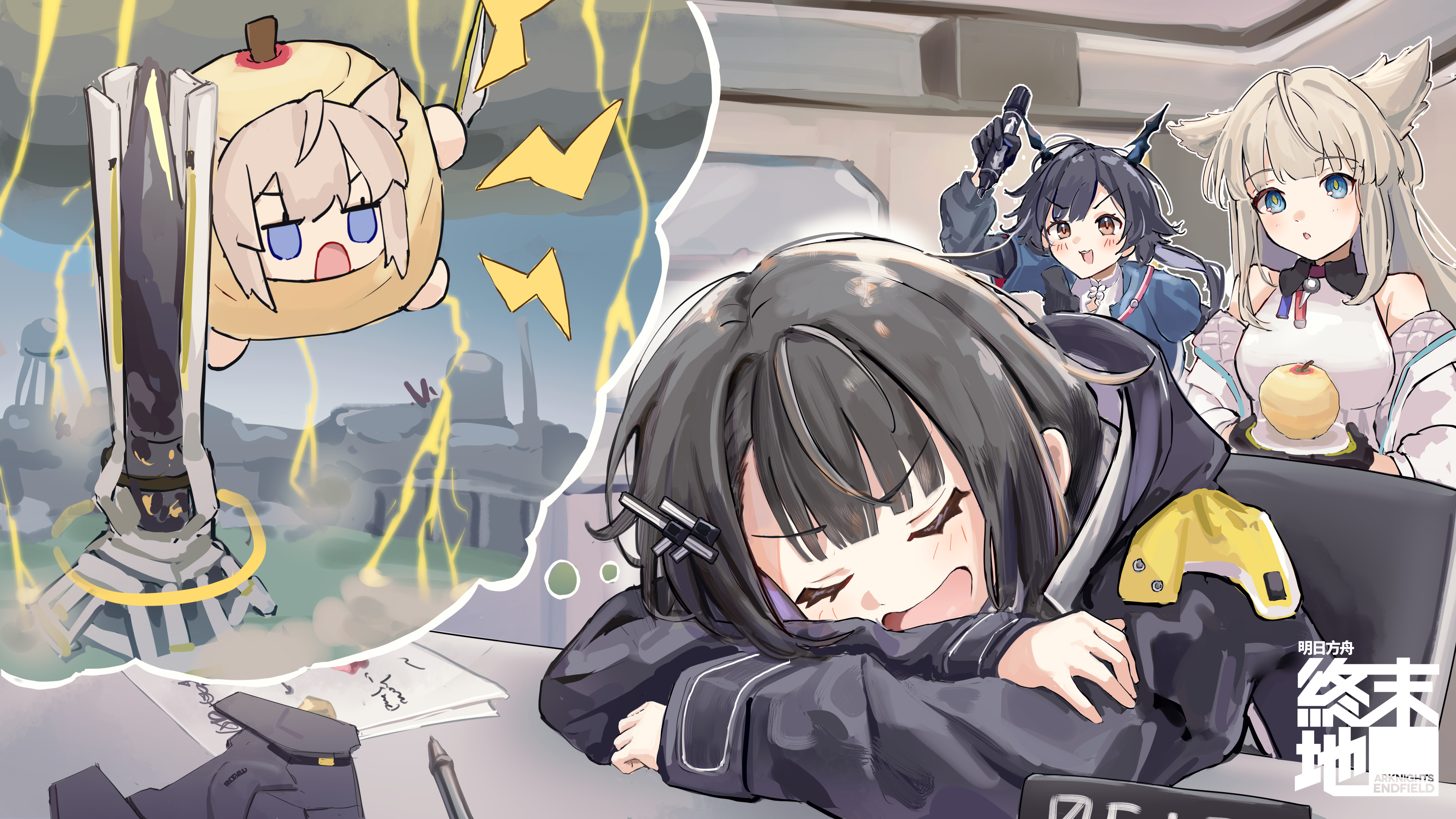 riu kawano, chen qianyu (arknights), endministrator (arknights), female endministrator (arknights), perlica (arknights), arknights, arknights: endfield, absurdres, commentary request, highres, 3girls, :o, angry, animal ears, apple, bird ears, bird girl, black hair, black jacket, blue eyes, brown eyes, closed eyes, crossed arms, dragon girl, dragon horns, dress, food, food costume, fruit, grey hair, holding, holding food, holding fruit, horns, jacket, lightning bolt symbol, mask, multiple girls, open mouth, paper, pen, plate, sleeping, tower, unworn mask, upper body, watermark, white dress, white jacket