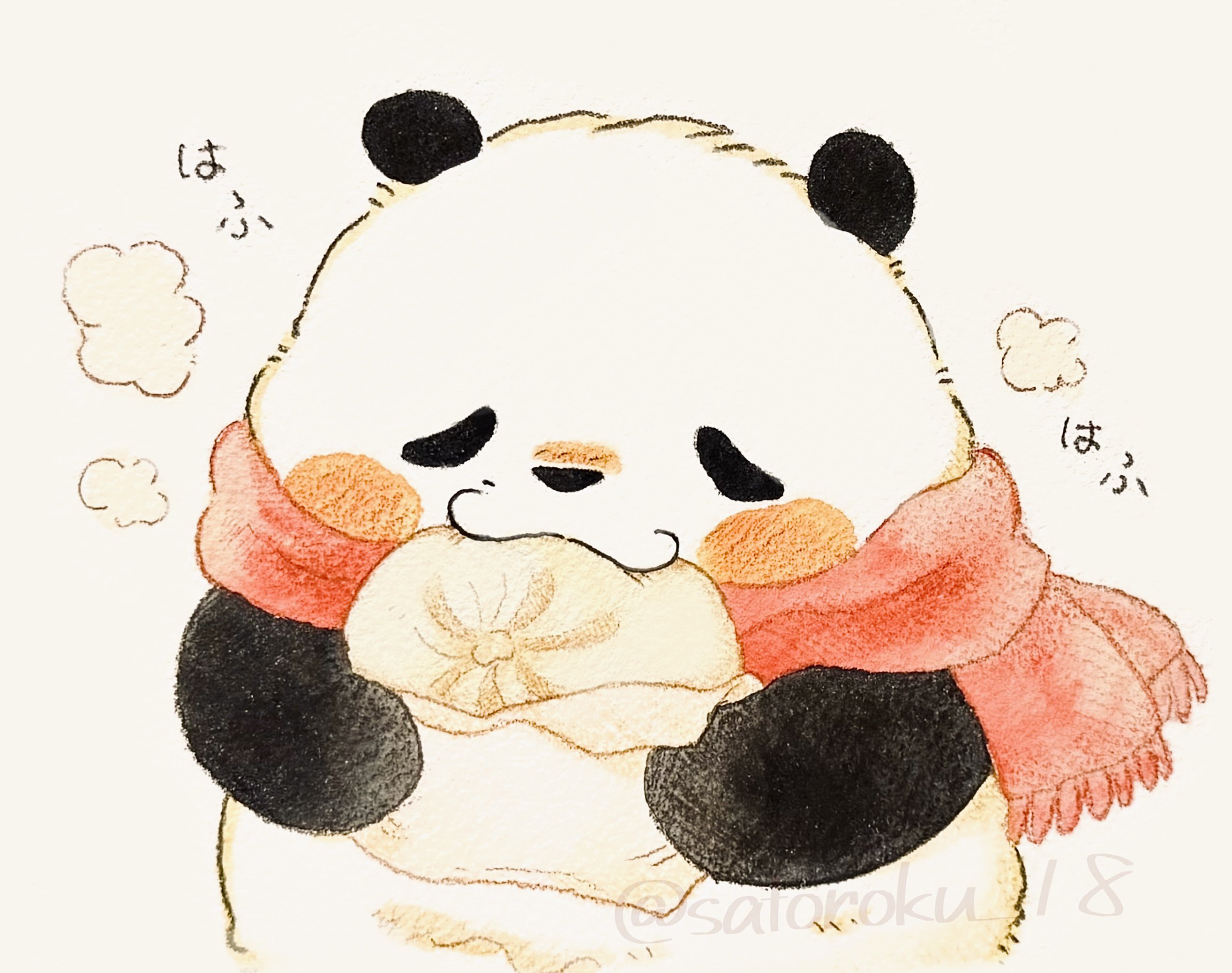 ebinomaegami, original, commentary request, highres, animal, animal focus, eating, food, no humans, pink scarf, scarf, steamed bun, twitter username, white background