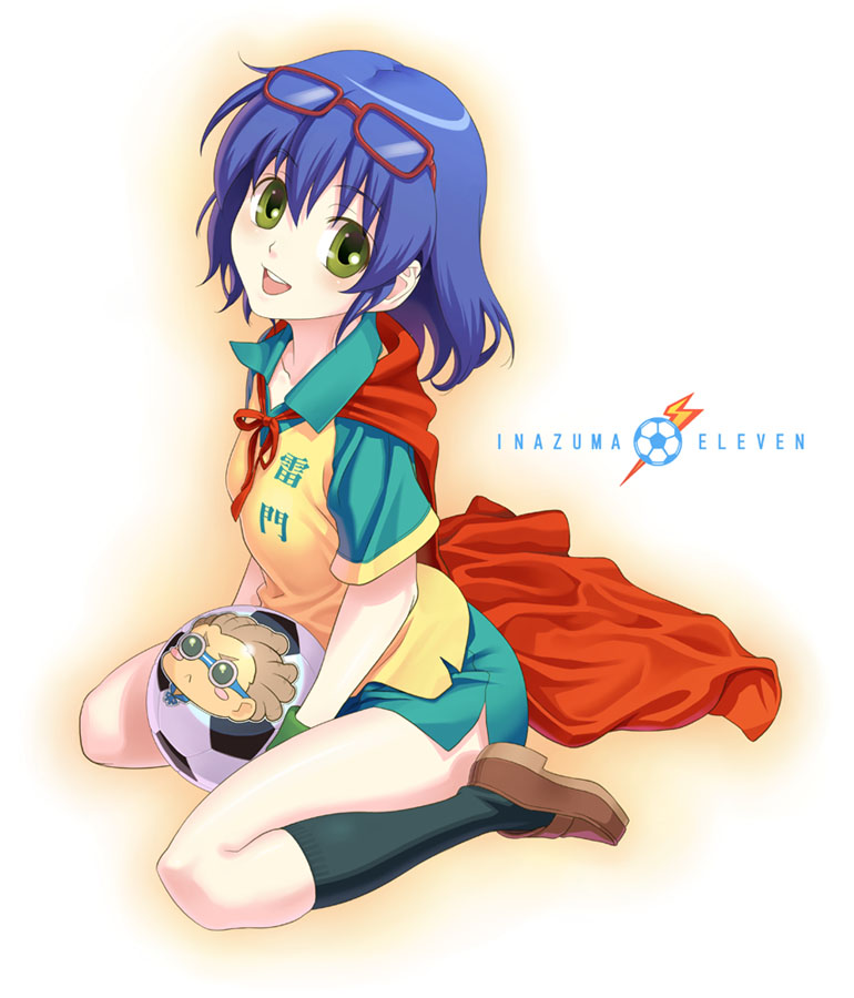 pairan, otonashi haruna, inazuma eleven, inazuma eleven (series), bad id, bad pixiv id, 1girl, ball, black socks, blue hair, bow, cape, female focus, green eyes, kneehighs, kneeling, legs, shorts, sitting, smile, soccer ball, socks, solo, telstar, wariza