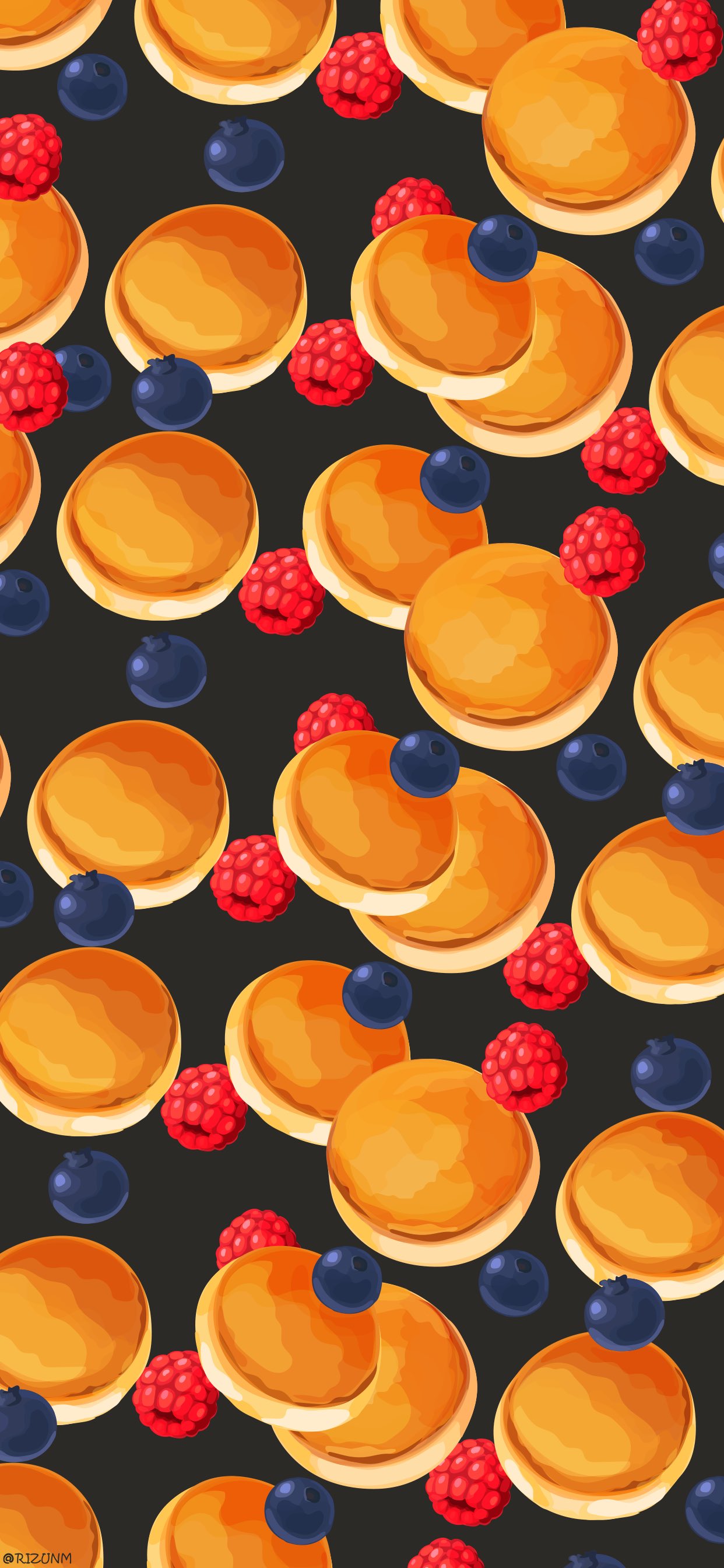 rizu (rizunm), original, absurdres, commentary, highres, symbol-only commentary, black background, blueberry, food, food focus, fruit, no humans, pancake, raspberry, souffle pancake