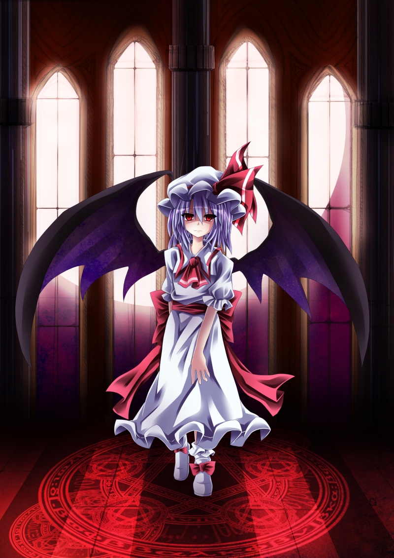 roshin, remilia scarlet, touhou, bad id, 1girl, bat wings, blue hair, female focus, full body, hat, hat ribbon, indoors, magic circle, mob cap, red eyes, ribbon, short hair, solo, standing, wings