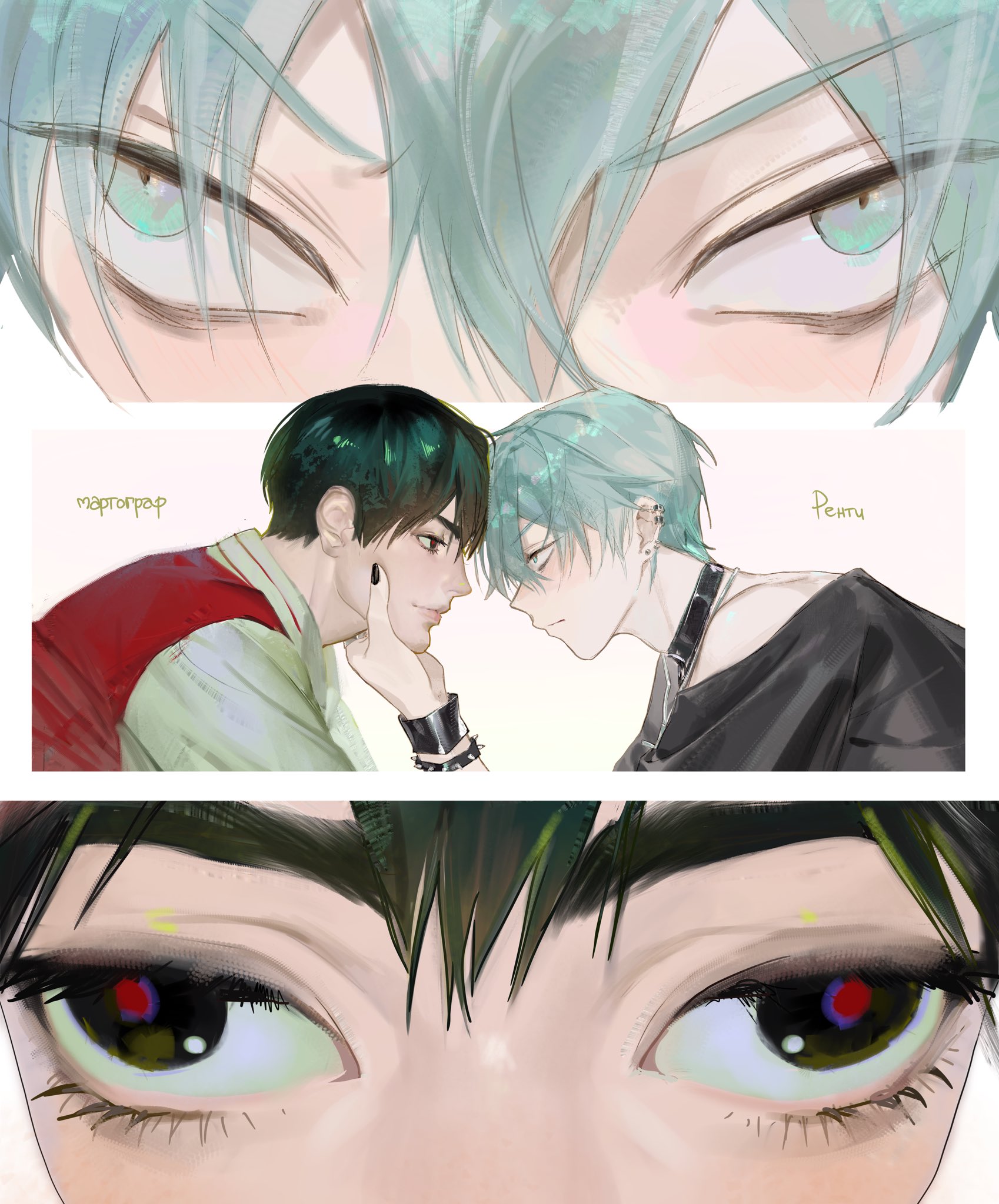 rente gu, ivan (alien stage), till (alien stage), alien stage, artist collaboration, commentary, english commentary, highres, 2boys, black choker, black eyes, black hair, black nails, black shirt, bracelet, choker, forehead-to-forehead, green eyes, grey hair, hair between eyes, heads together, jacket, jewelry, male focus, martographic, multiple boys, red jacket, red pupils, shirt, short hair, signature, spiked bracelet, spikes, very short hair, wristband, yaoi