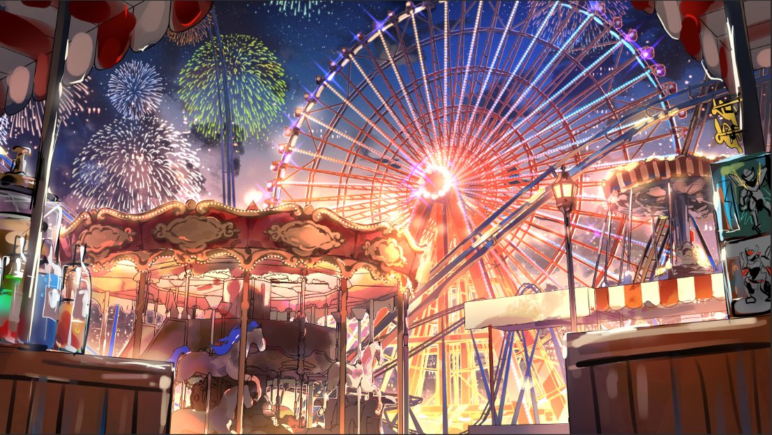 grape (grapedraws), original, commentary, english commentary, aerial fireworks, amusement park, bottle, box, carousel, ferris wheel, fireworks, lamppost, night, no humans, roller coaster, sky